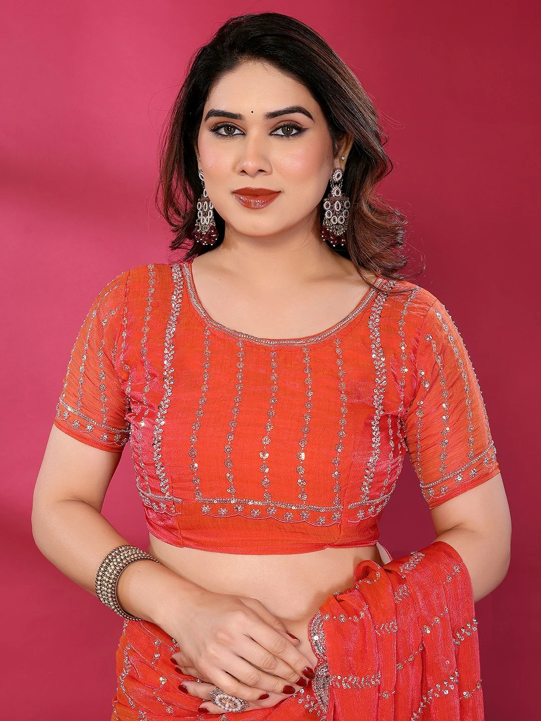 Radiant Gajari Pink Striped Pattern Satin Silk Saree Featuring Intricate Sequins & Beads Embellishment - Image 3