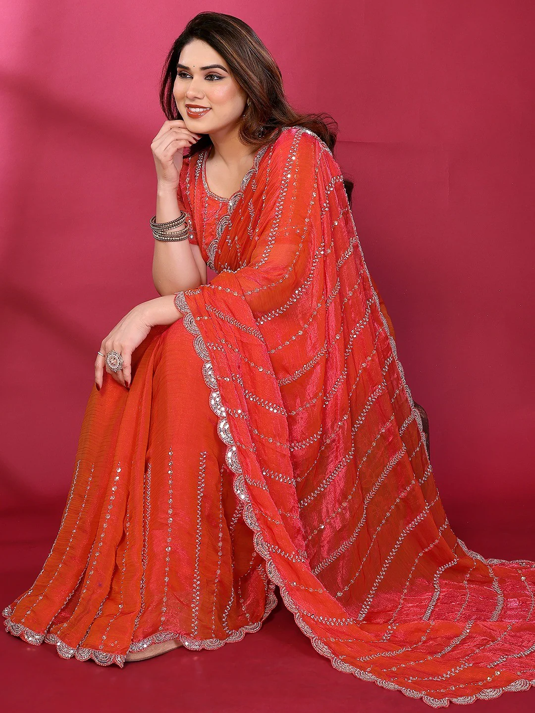 Radiant Gajari Pink Striped Pattern Satin Silk Saree Featuring Intricate Sequins & Beads Embellishment - Image 4