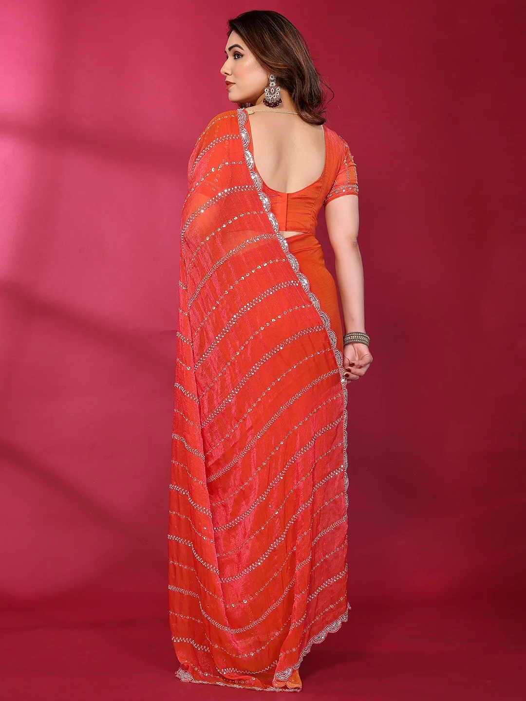 Radiant Gajari Pink Striped Pattern Satin Silk Saree Featuring Intricate Sequins & Beads Embellishment - Image 5