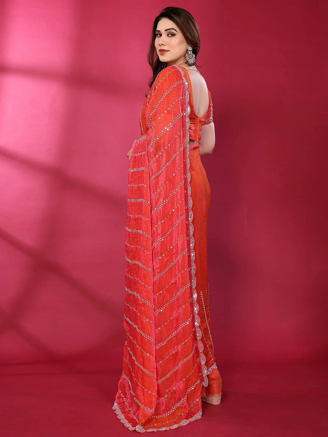 Radiant Gajari Pink Striped Pattern Satin Silk Saree Featuring Intricate Sequins & Beads Embellishment - Image 6