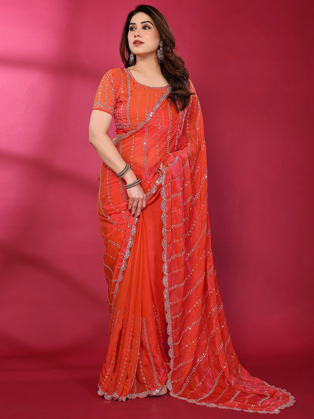 Radiant Gajari Pink Striped Pattern Satin Silk Saree Featuring Intricate Sequins & Beads Embellishment - Image 8
