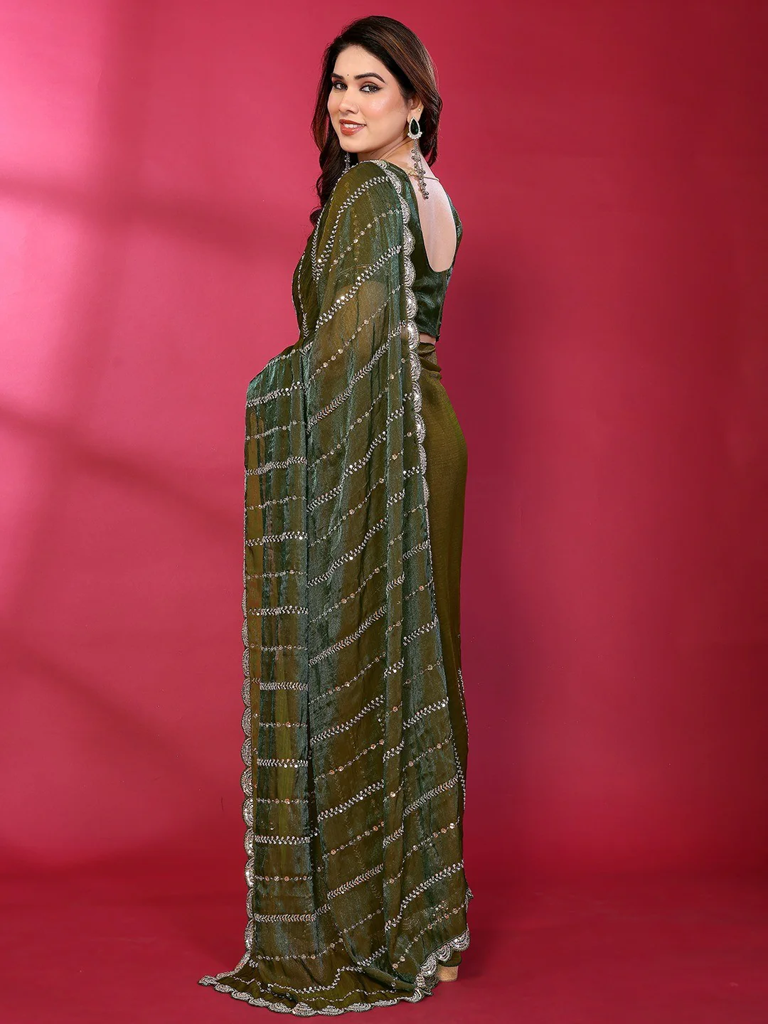Radiant Green Striped Pattern Satin Silk Saree Featuring Intricate Sequins & Beads Embellishment - Image 6