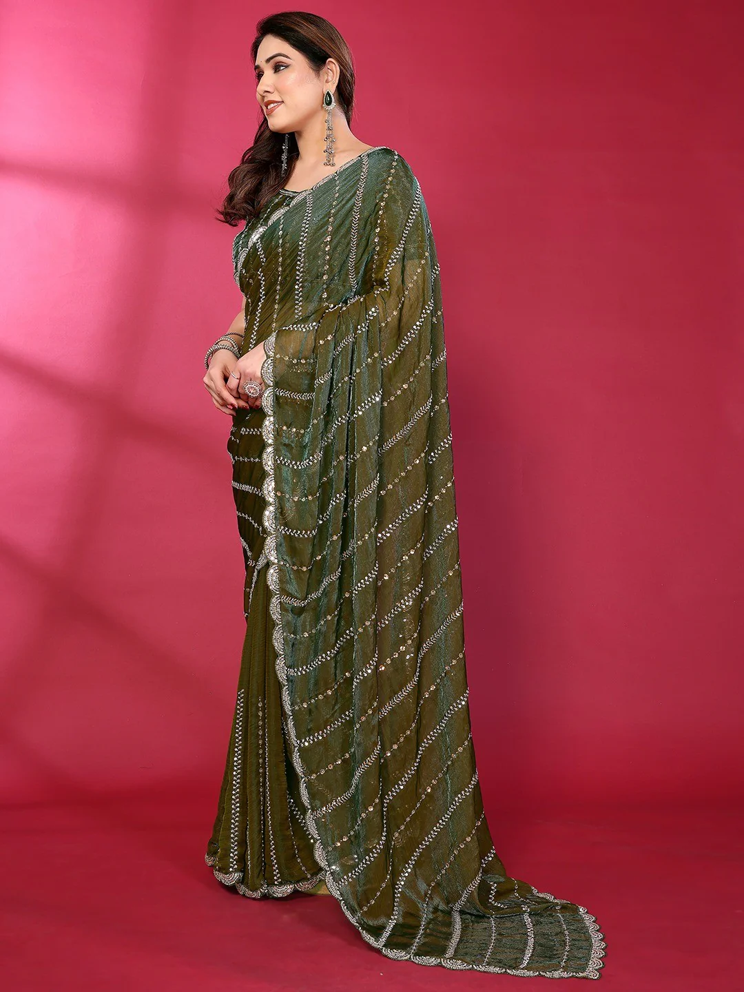 Radiant Green Striped Pattern Satin Silk Saree Featuring Intricate Sequins & Beads Embellishment - Image 7