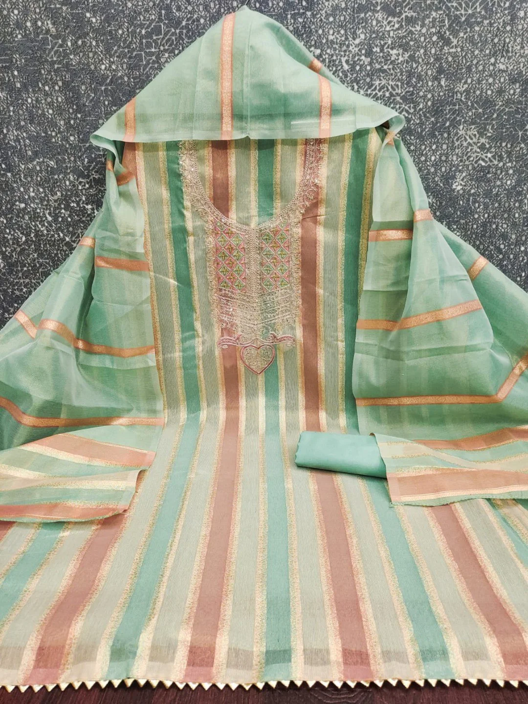 Radiant Green Striped Weaving Shimmer Dress Material With Elegant Cording Embroidery Work - Image 3