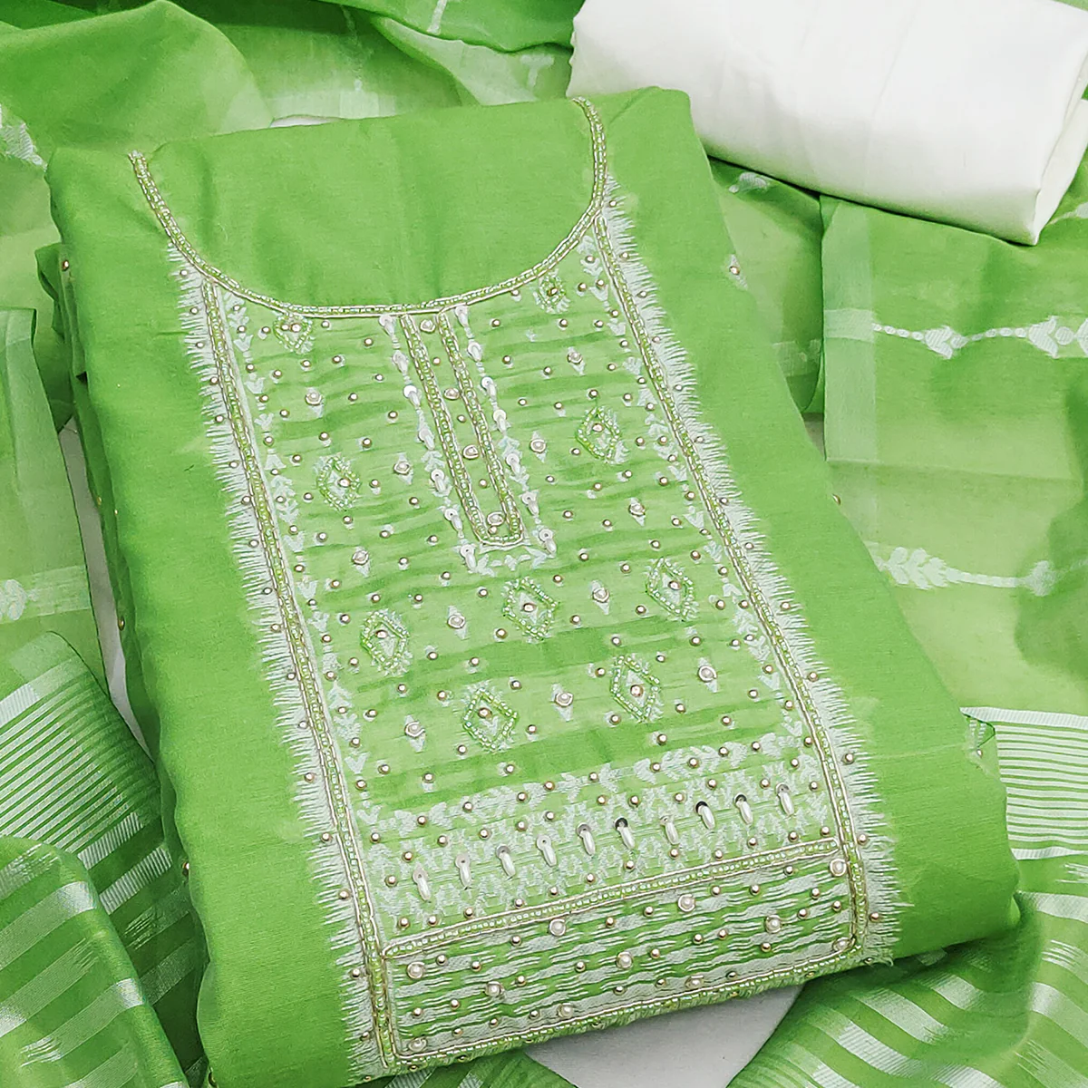 Radiant Green Woven Cotton Silk Banarasi Dress Material Adorned With Moti & Sequins Handwork - Image 2