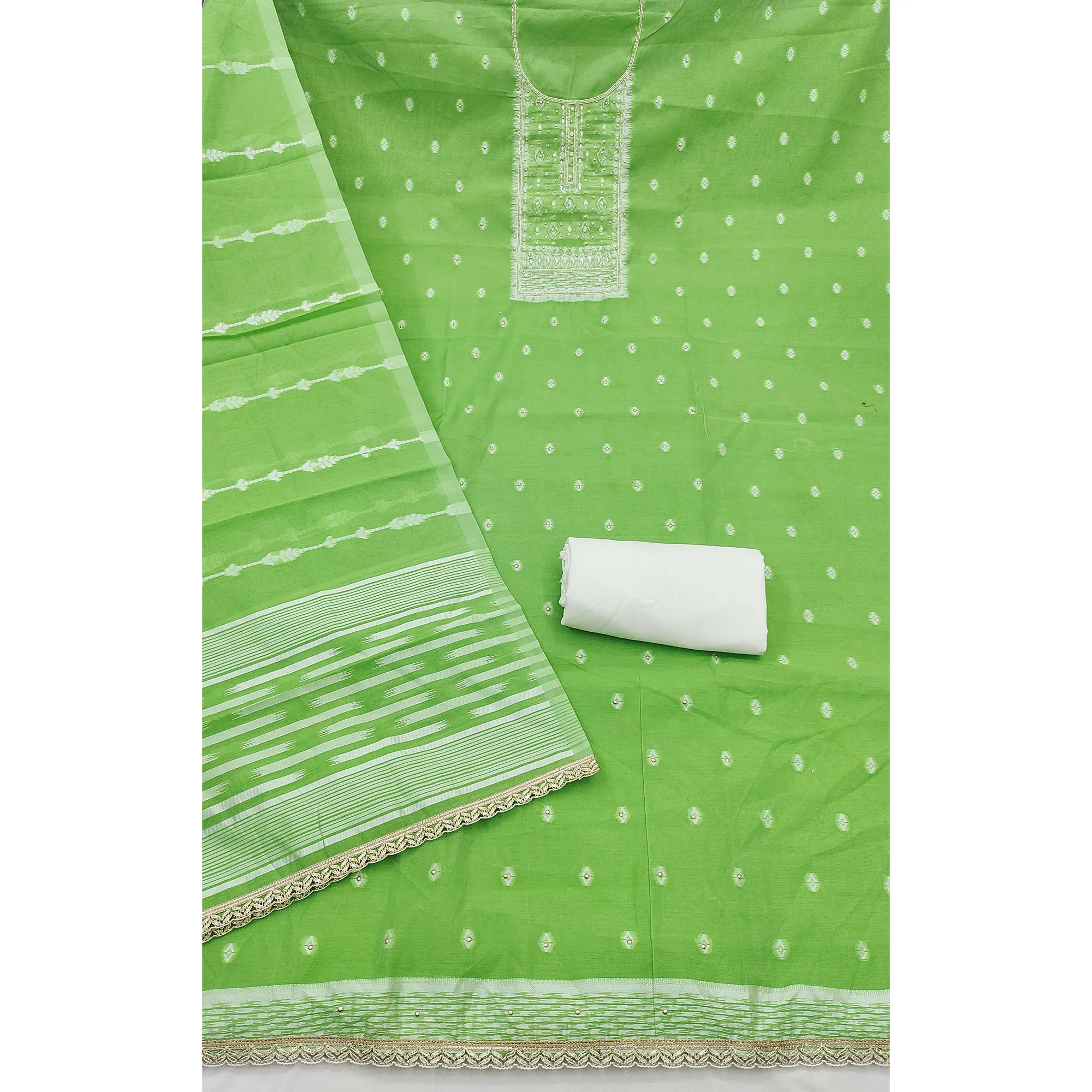 Radiant Green Woven Cotton Silk Banarasi Dress Material Adorned With Moti & Sequins Handwork - Image 4