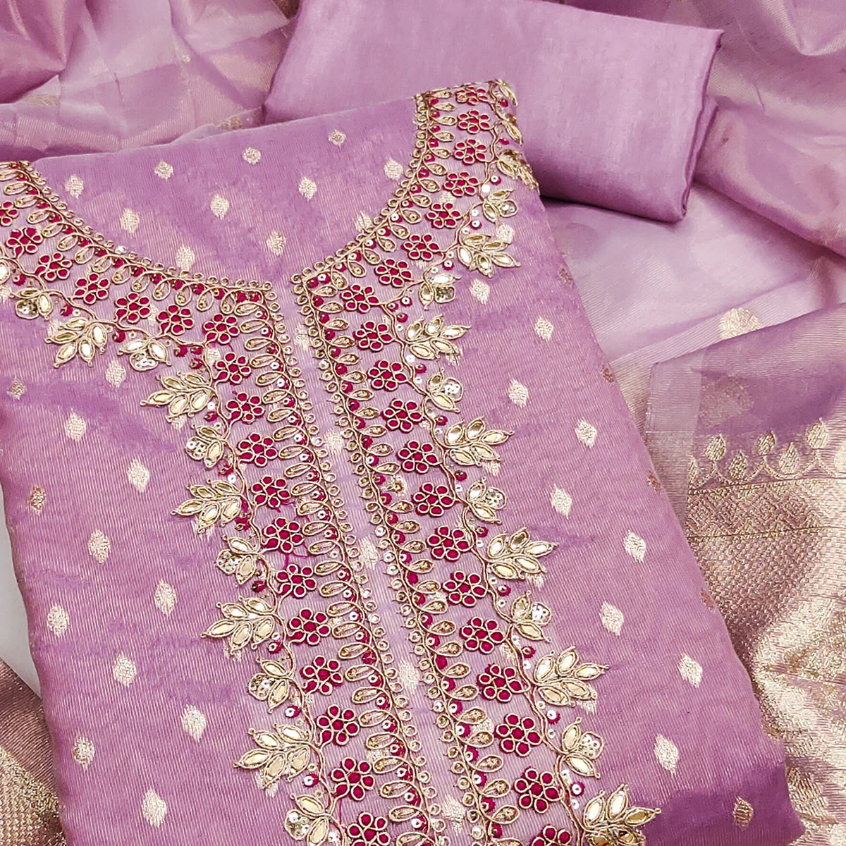 Radiant Lavender Jacquard Butti Shimmer Silk Dress Material With Elegant Cording Sequins Embroidery - Image 2