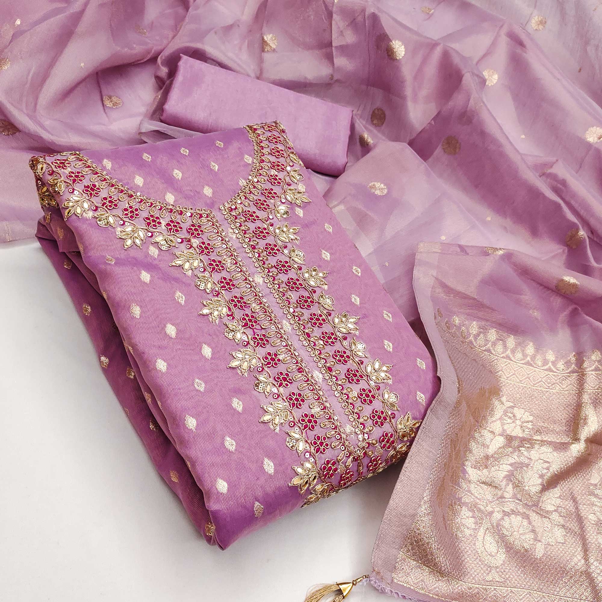 Radiant Lavender Jacquard Butti Shimmer Silk Dress Material With Elegant Cording Sequins Embroidery - Image 3