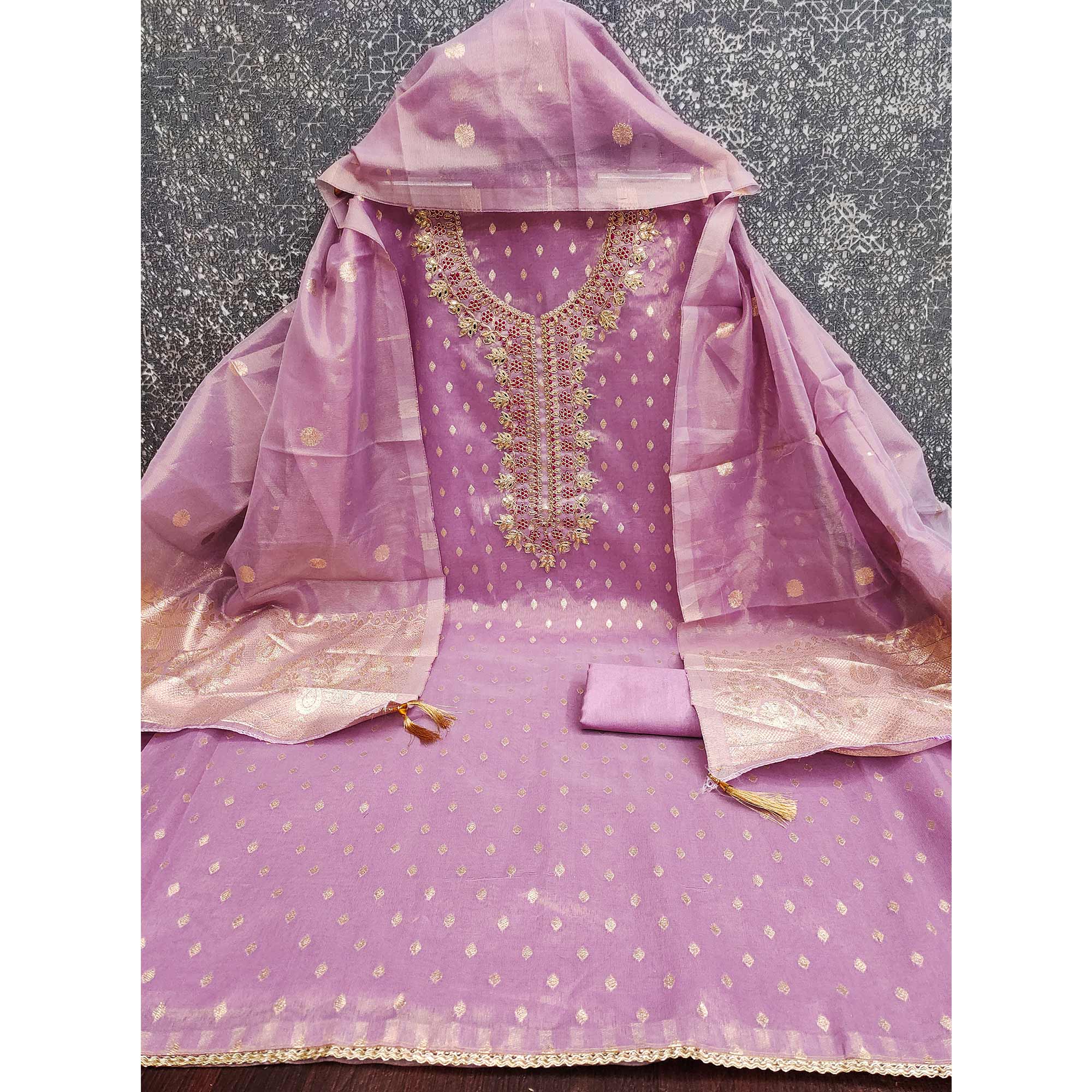 Radiant Lavender Jacquard Butti Shimmer Silk Dress Material With Elegant Cording Sequins Embroidery - Image 4