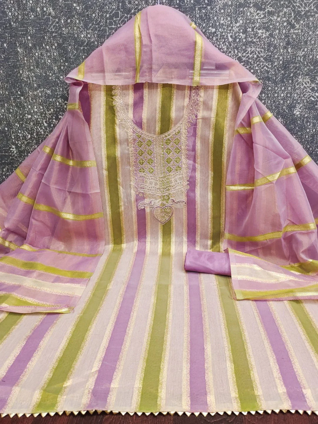 Radiant Lavender Striped Weaving Shimmer Dress Material With Elegant Cording Embroidery Work - Image 3