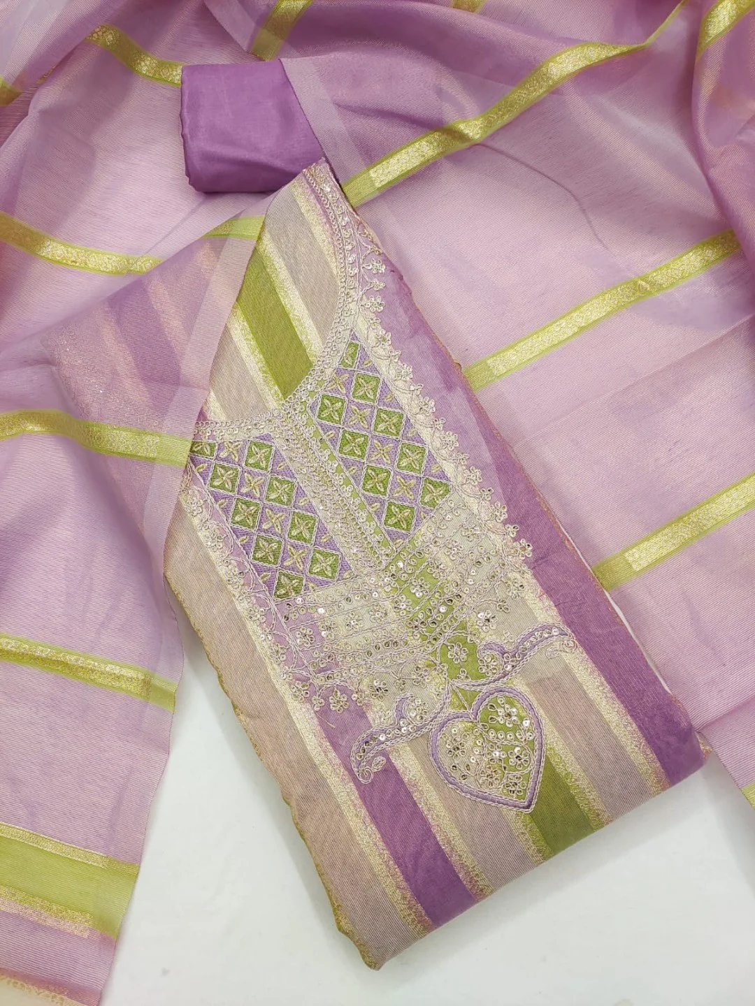 Radiant Lavender Striped Weaving Shimmer Dress Material With Elegant Cording Embroidery Work - Image 4