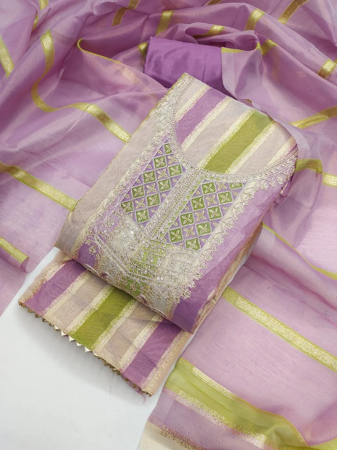 Radiant Lavender Striped Weaving Shimmer Dress Material With Elegant Cording Embroidery Work - Image 6