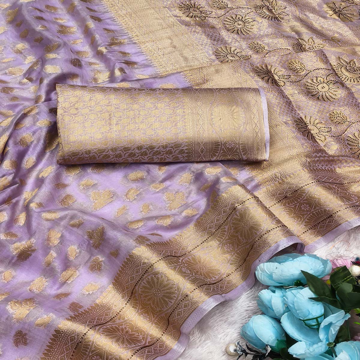 Radiant Lavender Tissue Banarasi Saree With Intricate Floral Zari Weaving & Stone Embellishments - Image 2