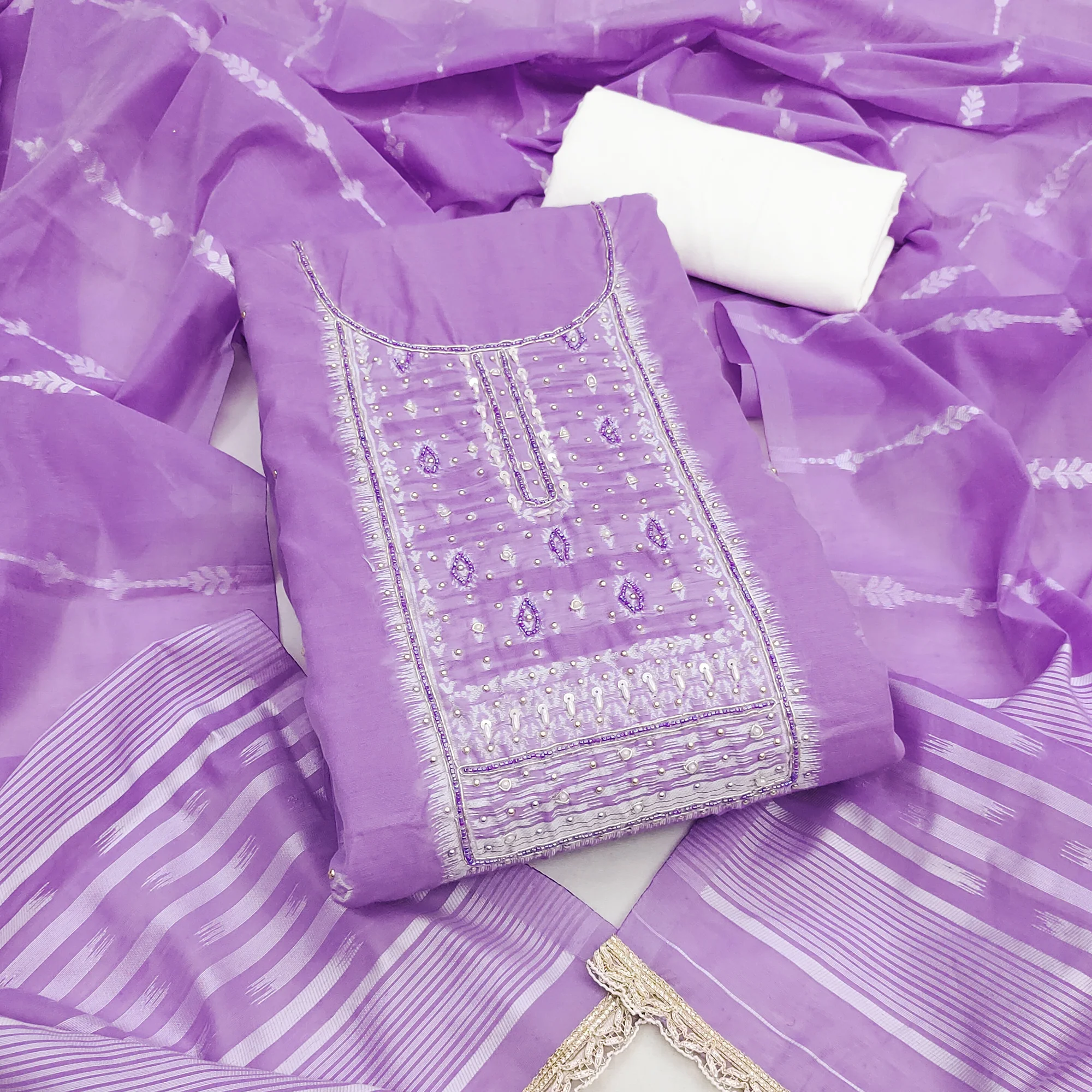 Radiant Lavender Woven Cotton Silk Banarasi Dress Material Adorned With Moti & Sequins Handwork