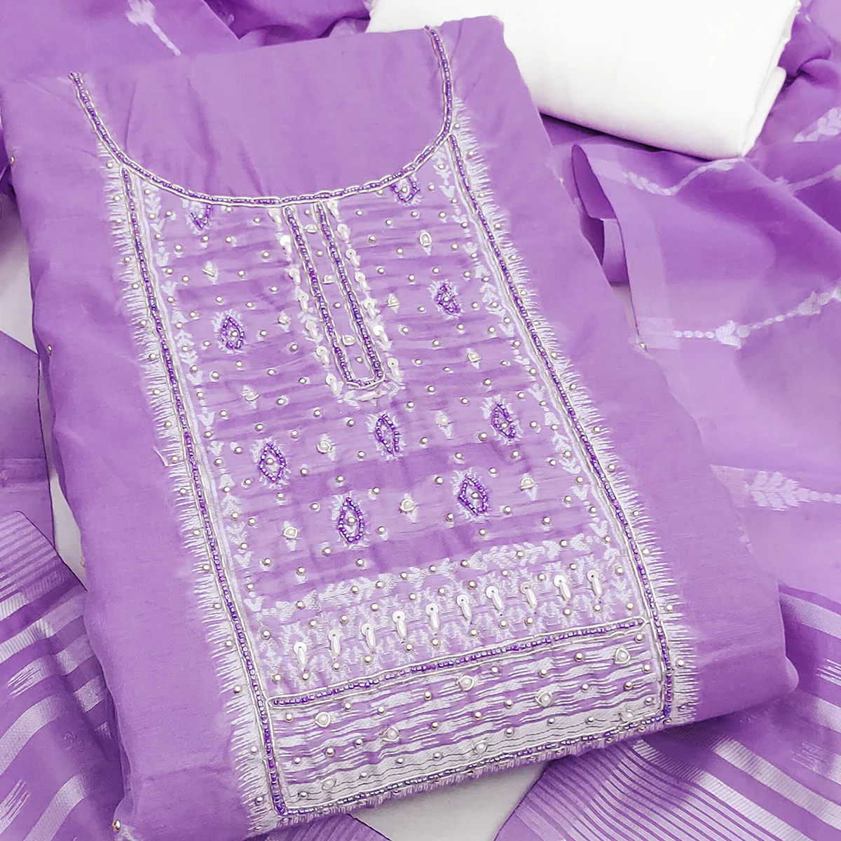 Radiant Lavender Woven Cotton Silk Banarasi Dress Material Adorned With Moti & Sequins Handwork - Image 2