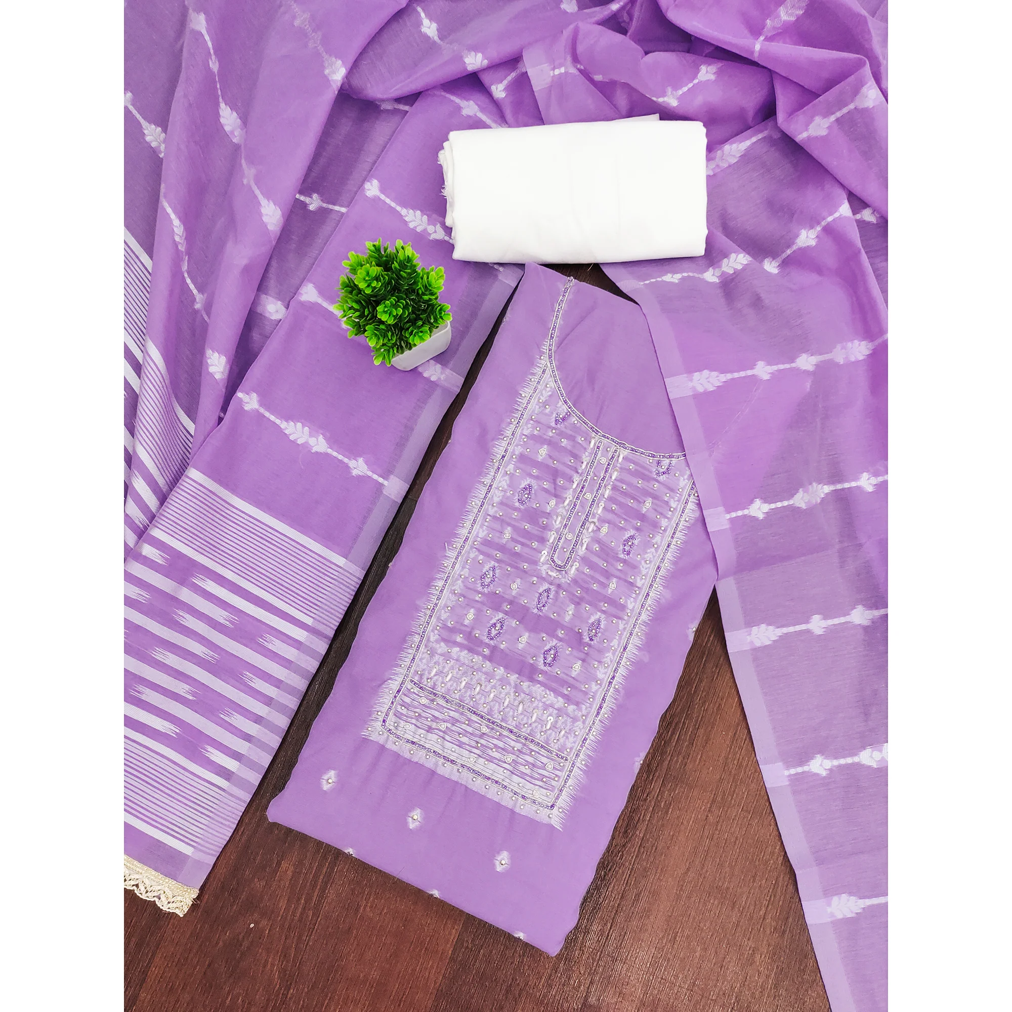 Radiant Lavender Woven Cotton Silk Banarasi Dress Material Adorned With Moti & Sequins Handwork - Image 3