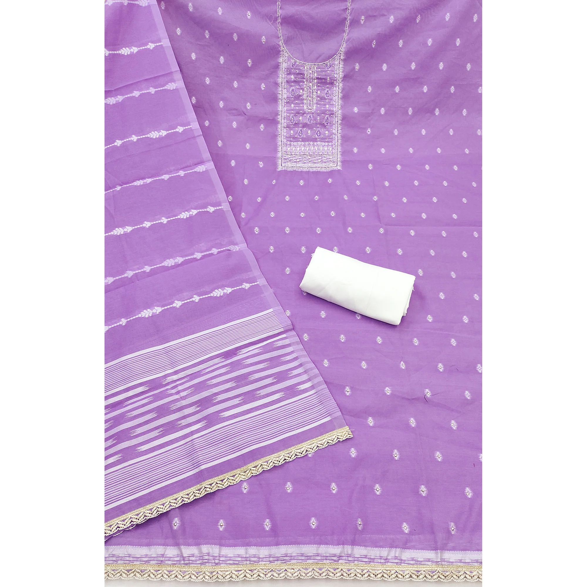 Radiant Lavender Woven Cotton Silk Banarasi Dress Material Adorned With Moti & Sequins Handwork - Image 4