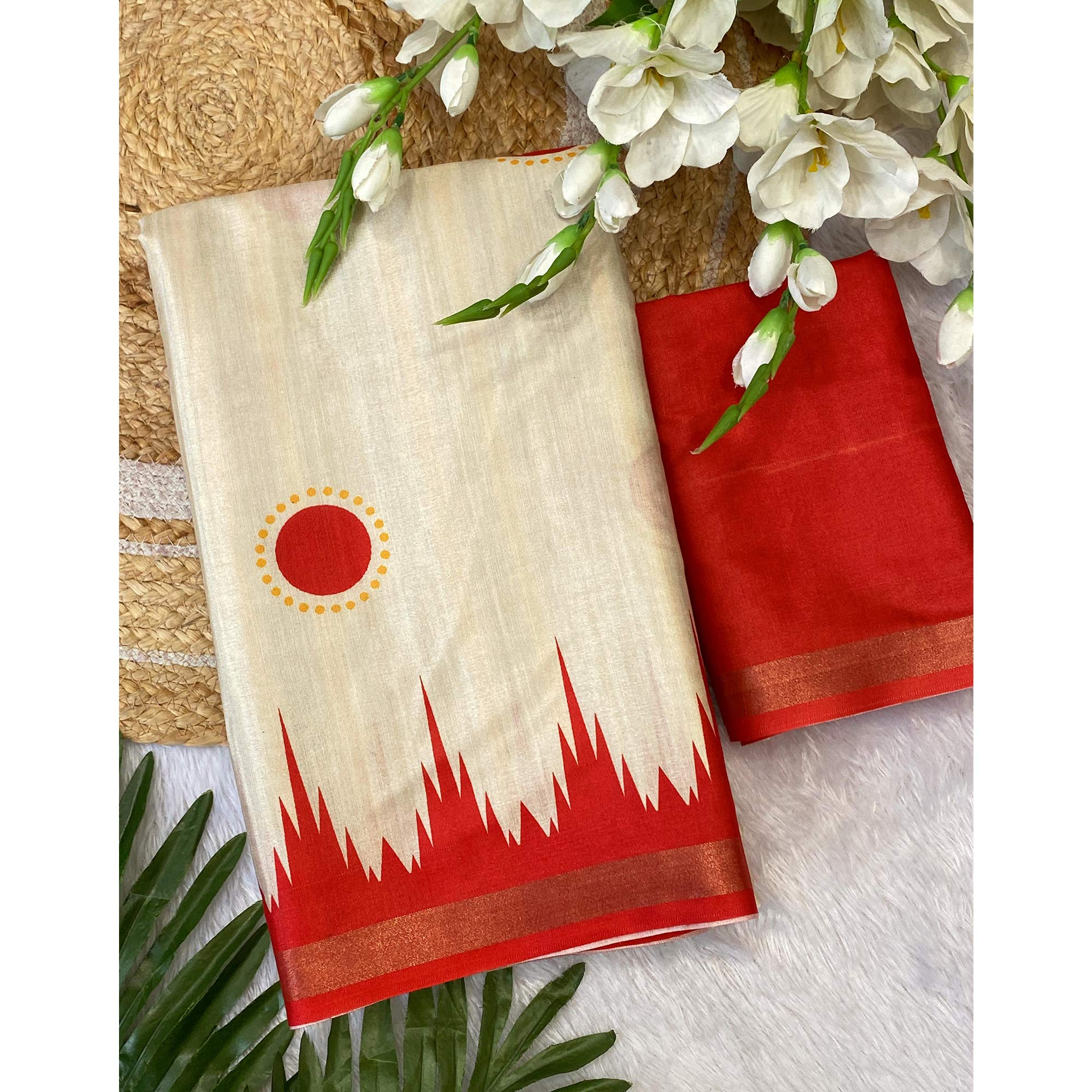 Radiant Offwhite & Red Durga Maa Digital Printed Saree With Sacred Motifs & Contrast Border - Image 3