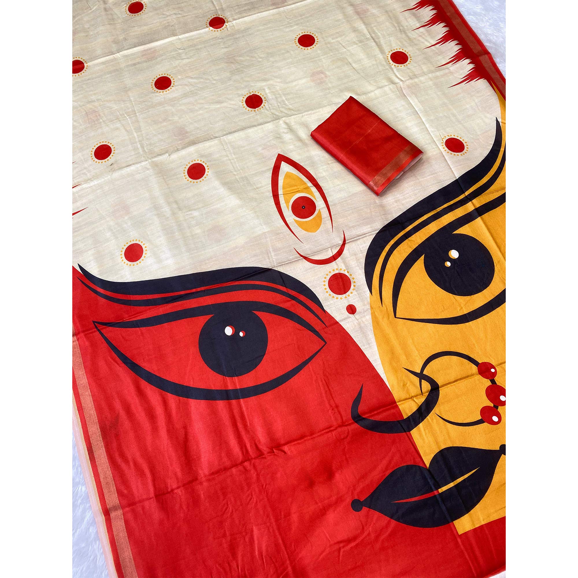 Radiant Offwhite & Red Durga Maa Digital Printed Saree With Sacred Motifs & Contrast Border - Image 4