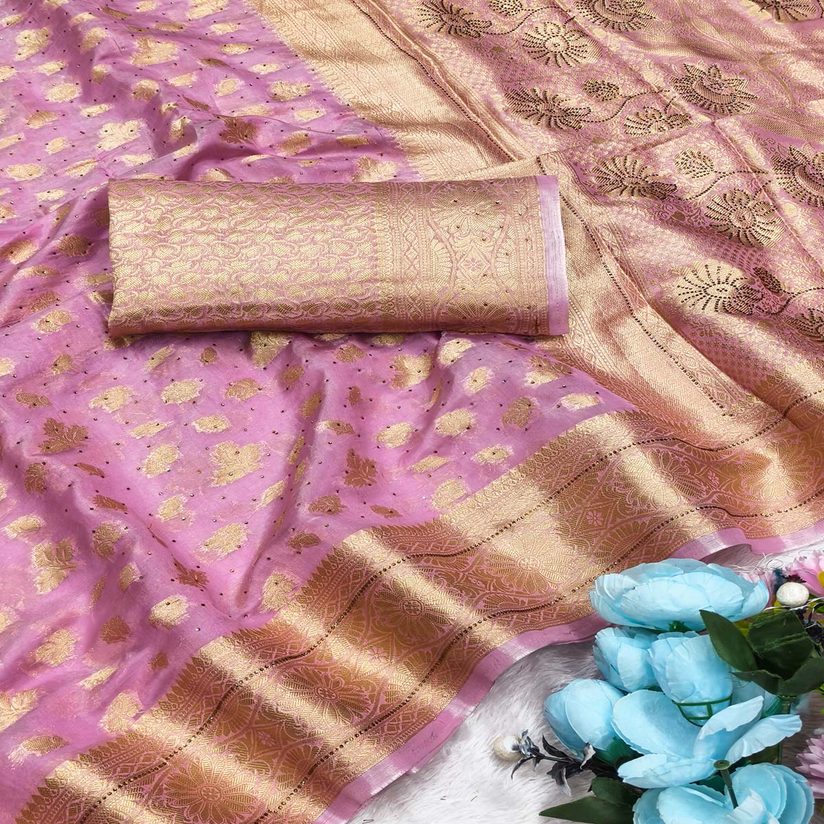 Radiant Onion Pink Tissue Banarasi Saree With Intricate Floral Zari Weaving & Stone Embellishment - Image 2