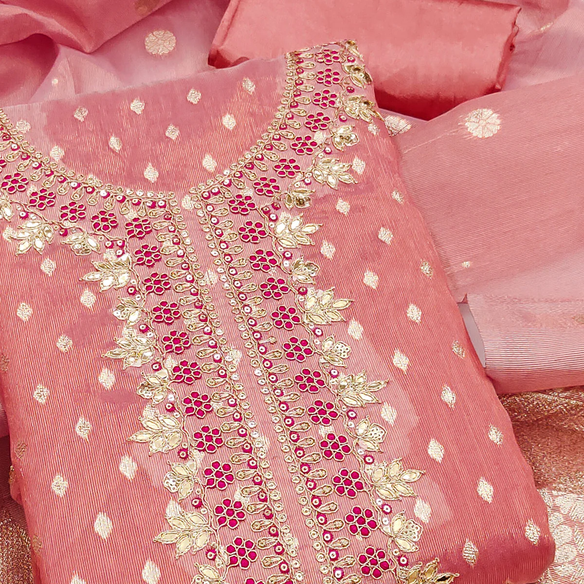 Radiant Peach Jacquard Butti Shimmer Silk Dress Material With Elegant Cording Sequins Embroidery - Image 2