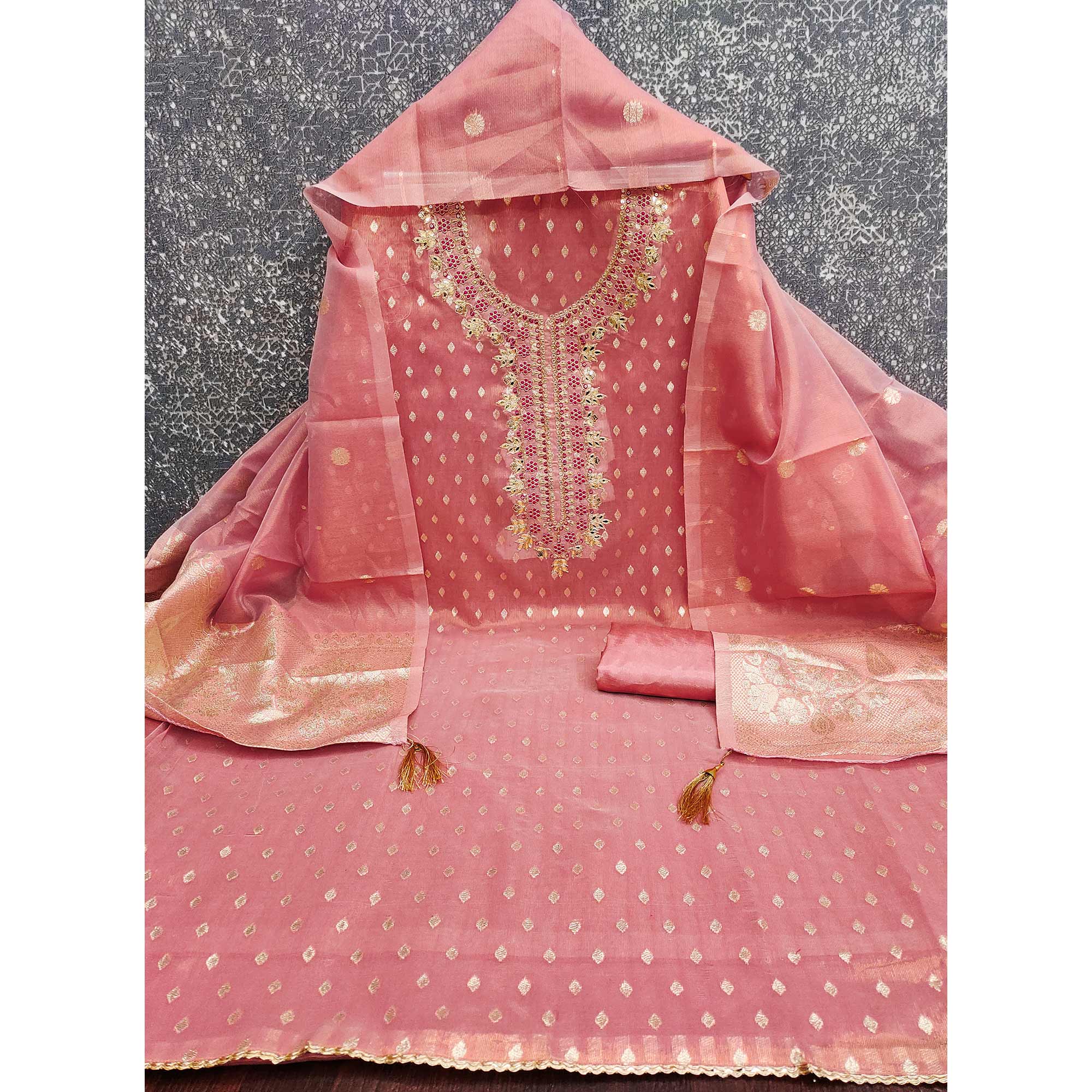 Radiant Peach Jacquard Butti Shimmer Silk Dress Material With Elegant Cording Sequins Embroidery - Image 4