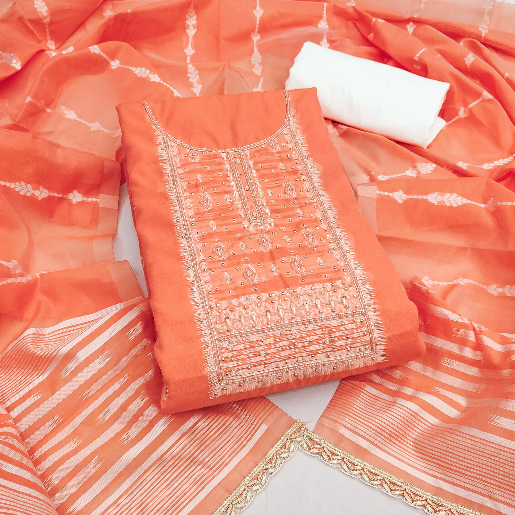 Radiant Peach Woven Cotton Silk Banarasi Dress Material Adorned With Moti & Sequins Handwork