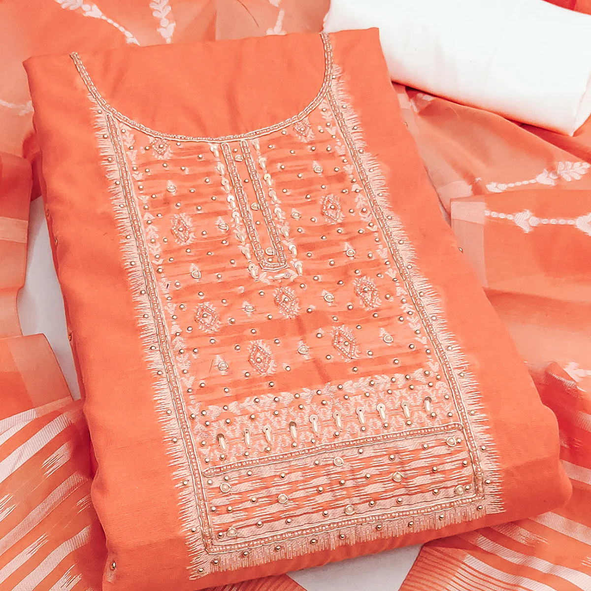 Radiant Peach Woven Cotton Silk Banarasi Dress Material Adorned With Moti & Sequins Handwork - Image 2
