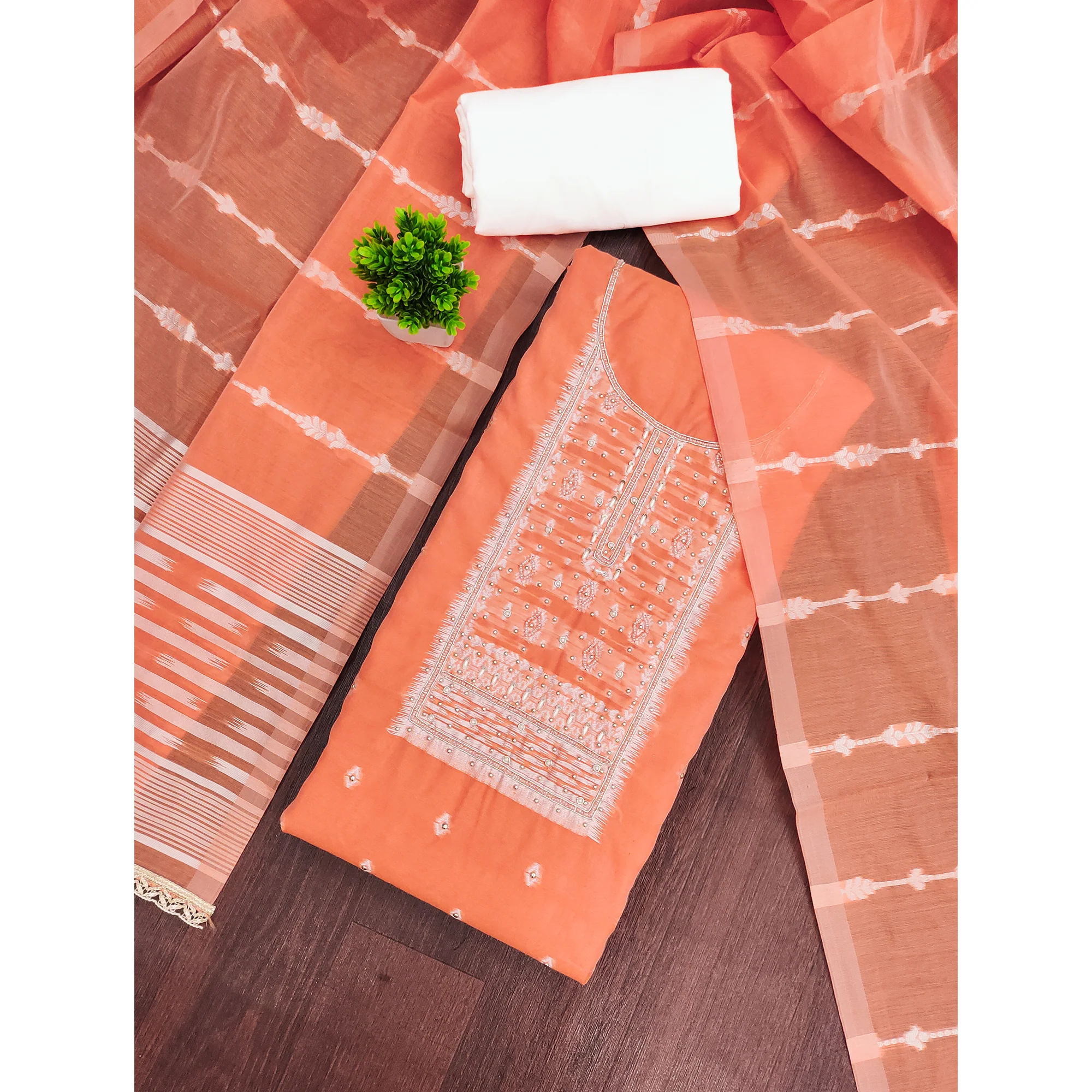 Radiant Peach Woven Cotton Silk Banarasi Dress Material Adorned With Moti & Sequins Handwork - Image 3