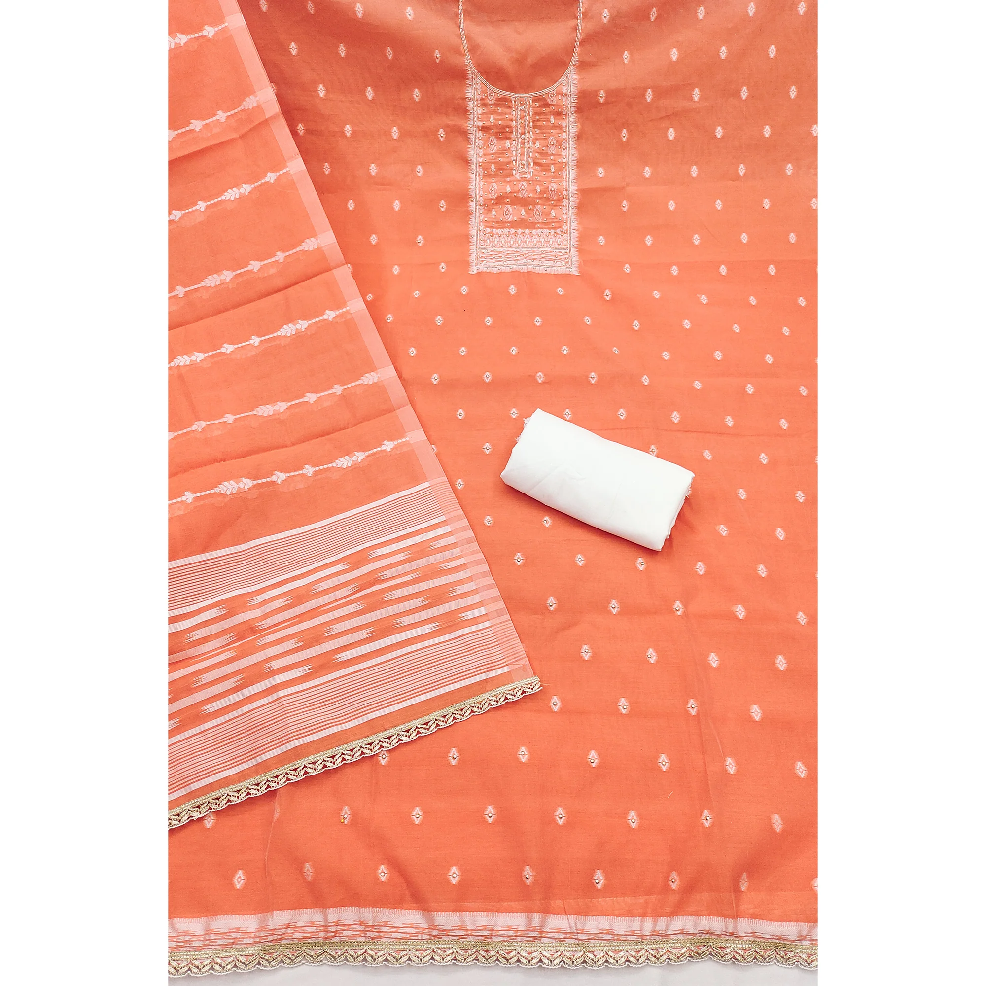 Radiant Peach Woven Cotton Silk Banarasi Dress Material Adorned With Moti & Sequins Handwork - Image 4