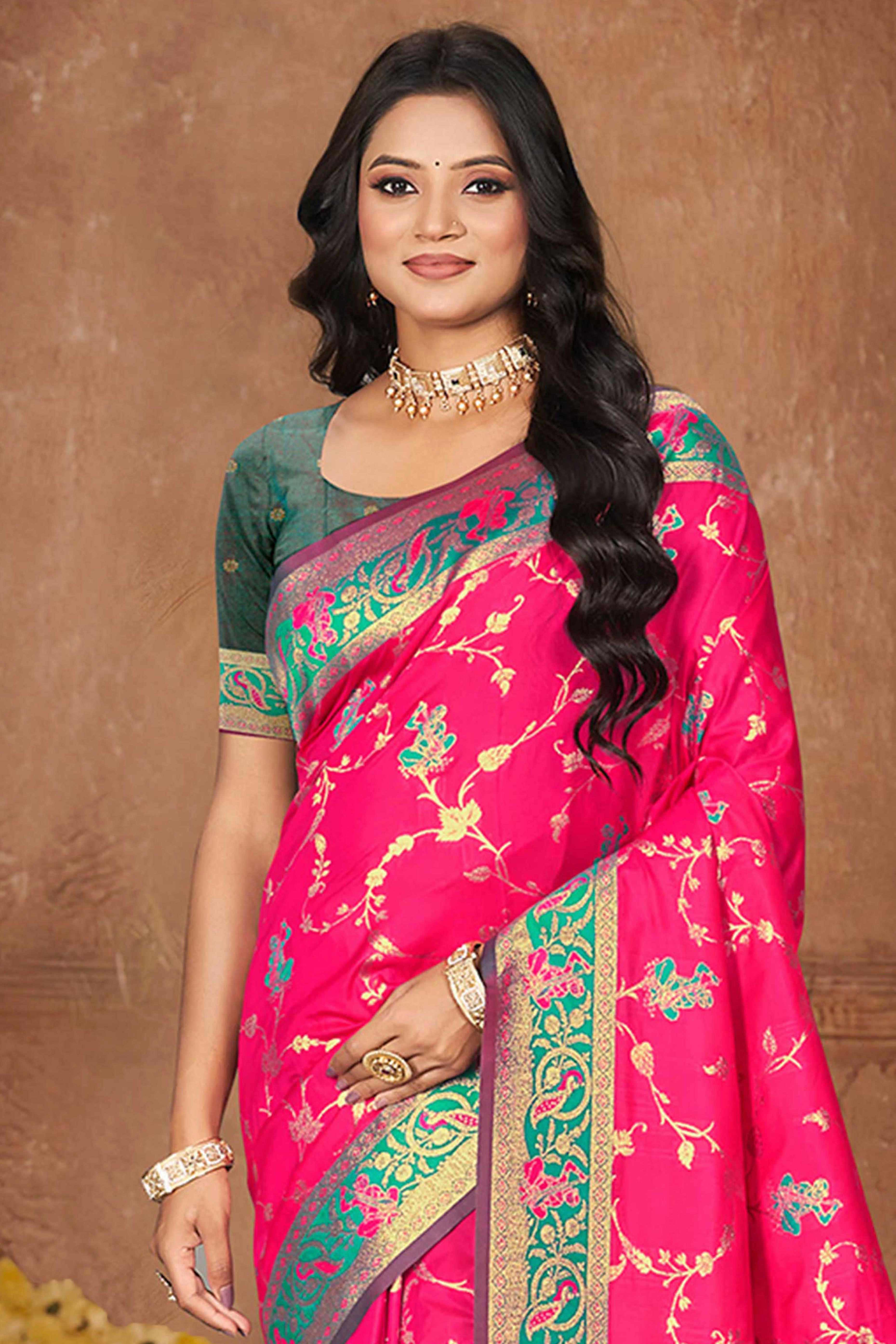 Radiant Pink Floral Zari Weaving Silk Blend Saree With Tassel Pallu - Image 3