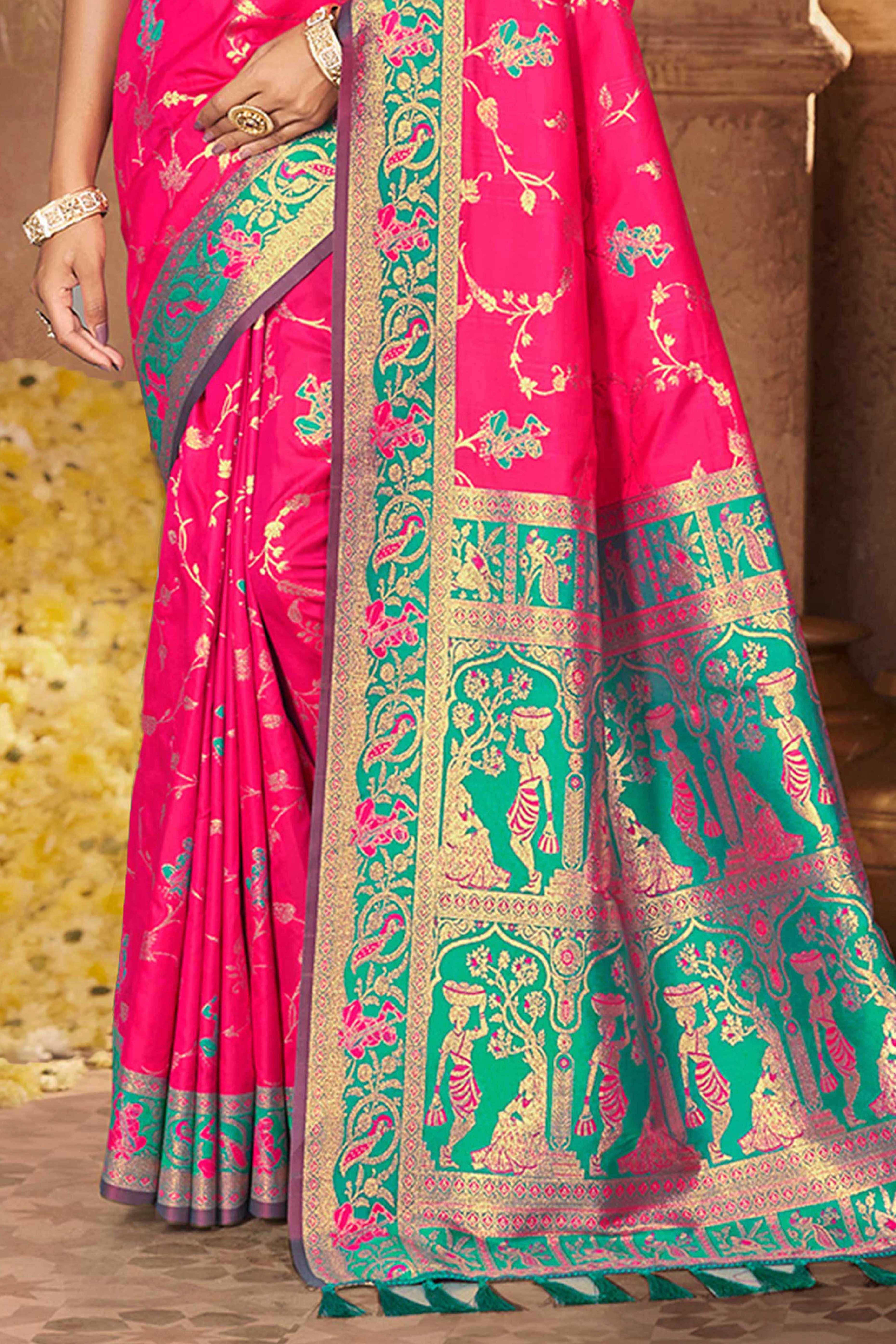 Radiant Pink Floral Zari Weaving Silk Blend Saree With Tassel Pallu - Image 4