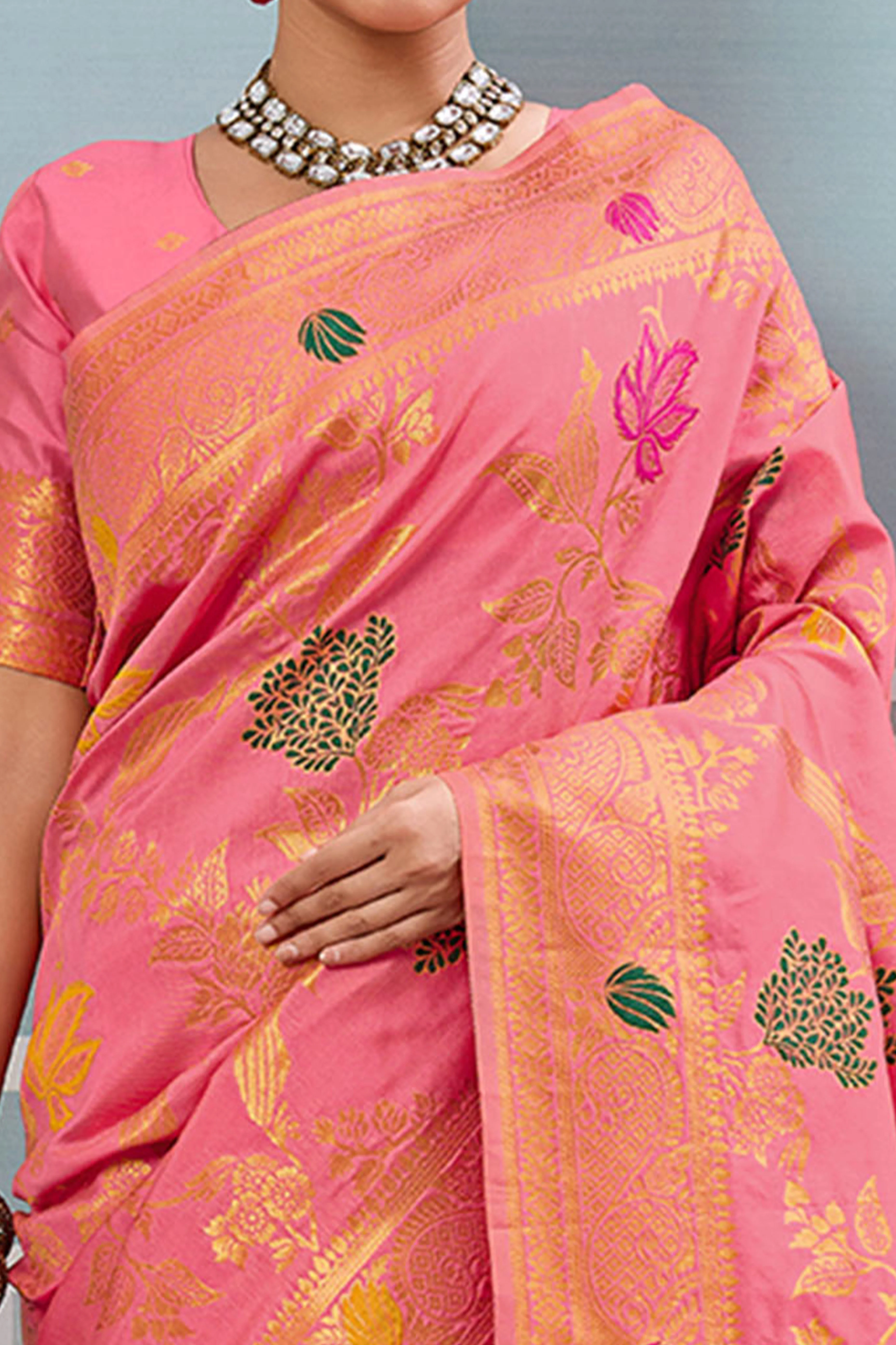 Radiant Pink Silk Blend Saree Adorned With Intricate Floral Zari Weaving & Tassel Pallu - Image 2