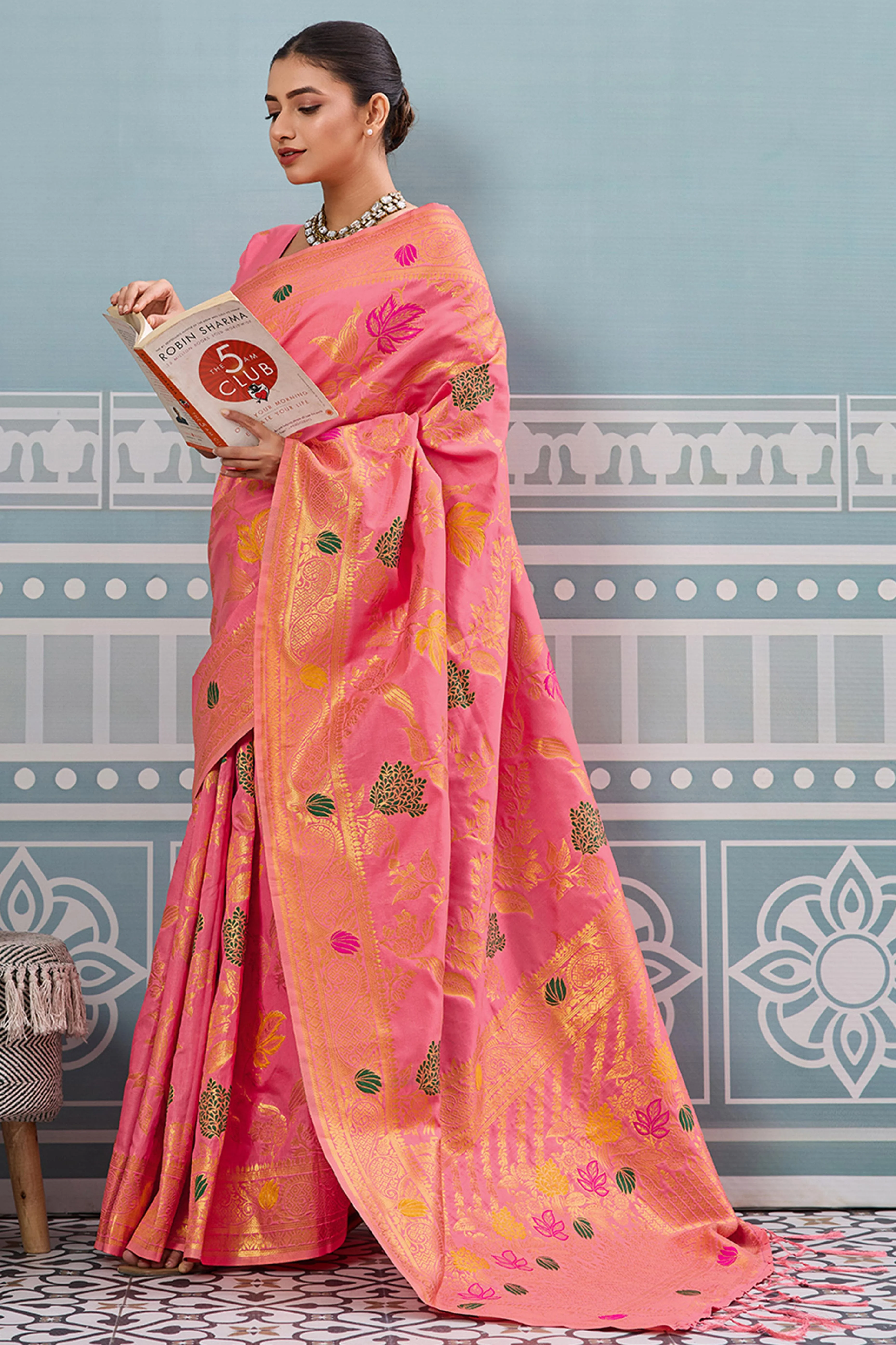 Radiant Pink Silk Blend Saree Adorned With Intricate Floral Zari Weaving & Tassel Pallu - Image 3