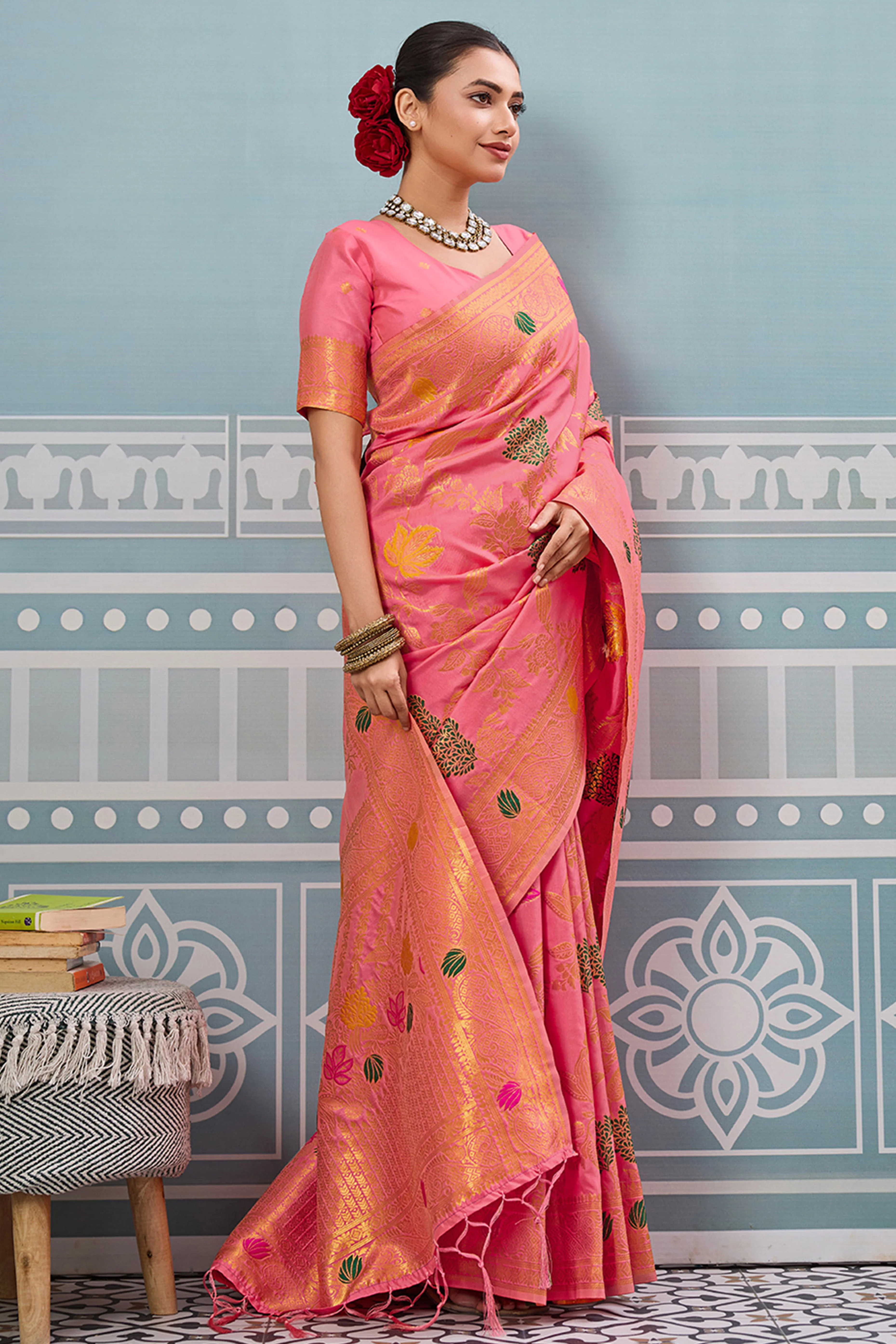 Radiant Pink Silk Blend Saree Adorned With Intricate Floral Zari Weaving & Tassel Pallu - Image 4
