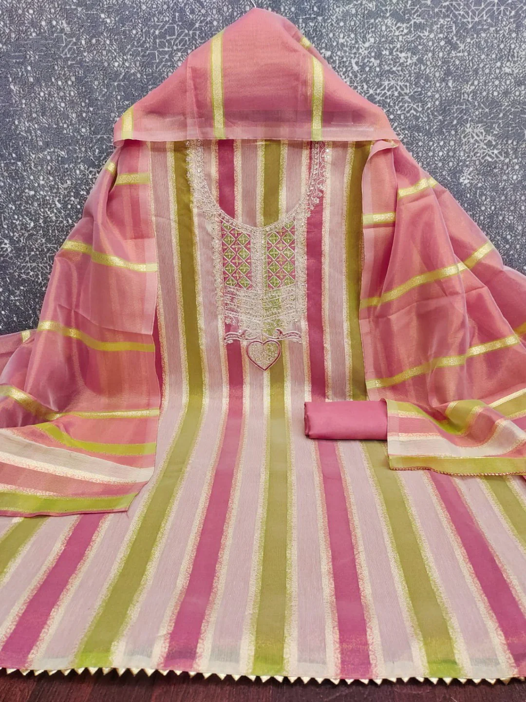 Radiant Pink Striped Weaving Shimmer Dress Material With Elegant Cording Embroidery Work - Image 3