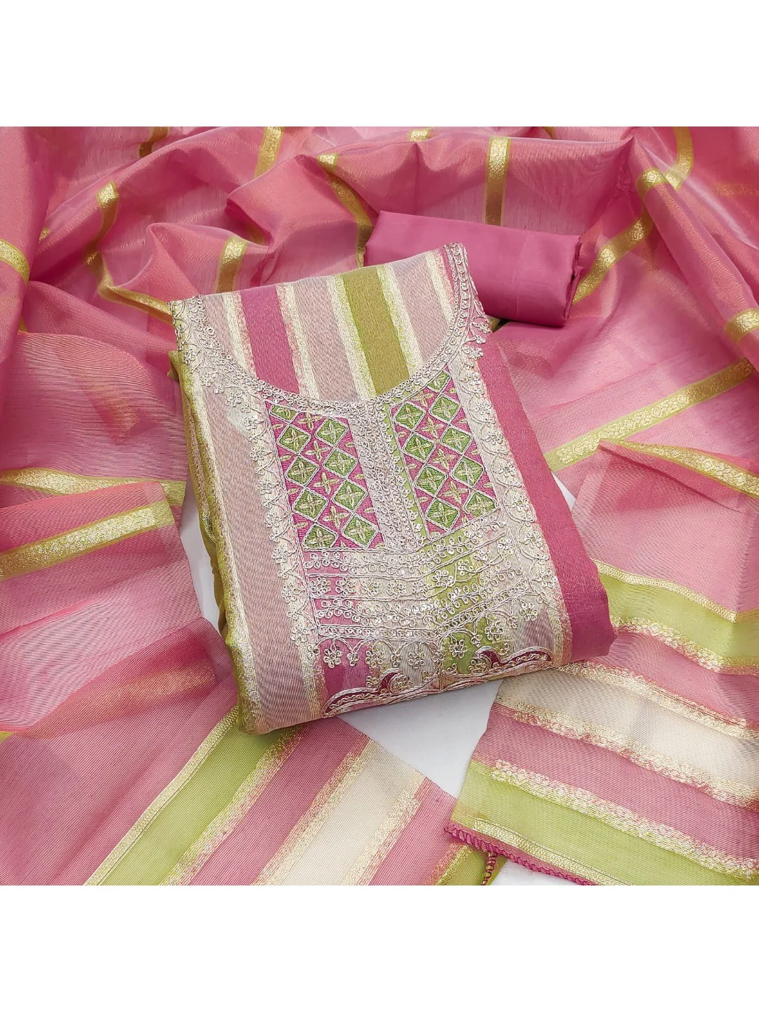 Radiant Pink Striped Weaving Shimmer Dress Material With Elegant Cording Embroidery Work - Image 5