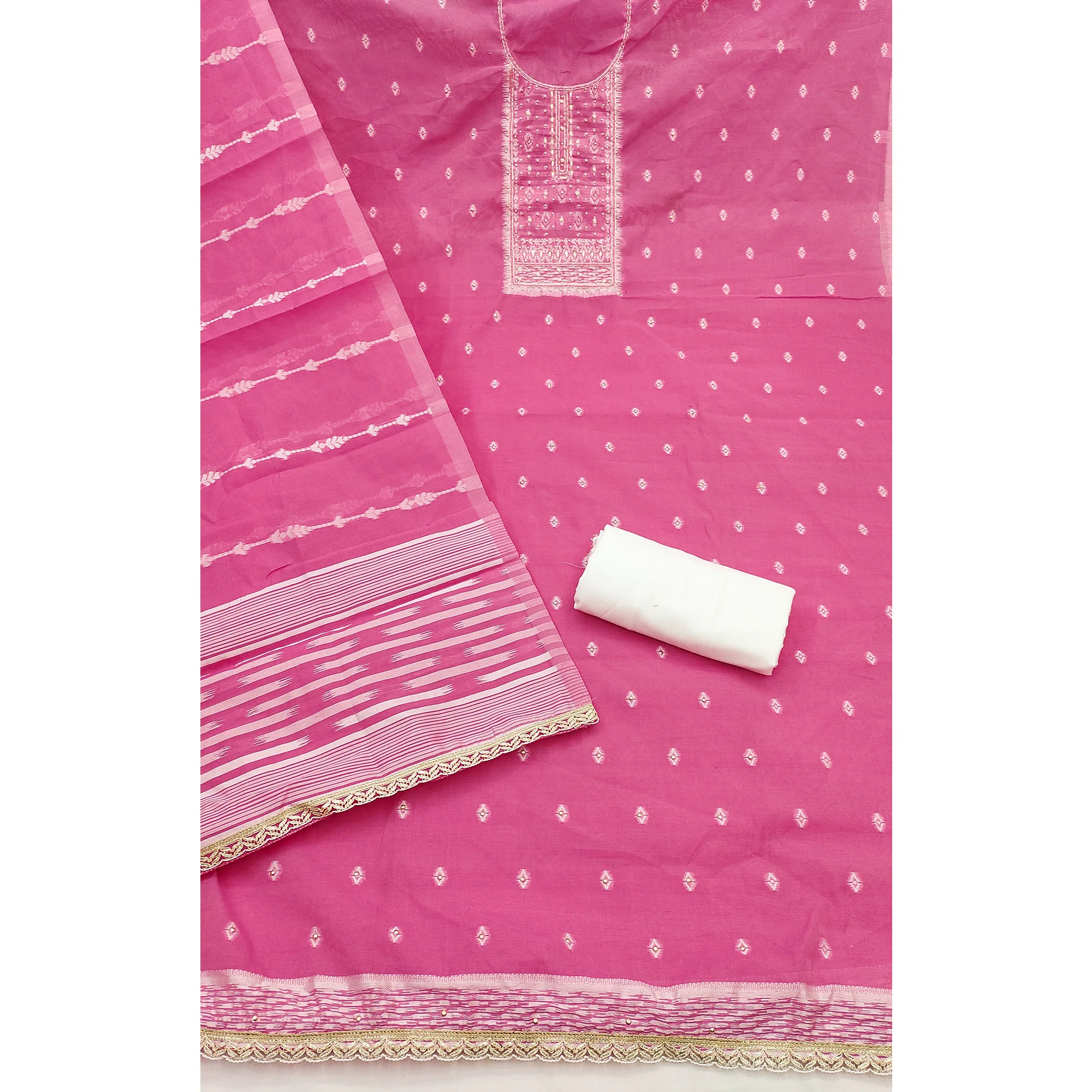 Radiant Pink Woven Cotton Silk Banarasi Dress Material Adorned With Moti & Sequins Handwork - Image 4
