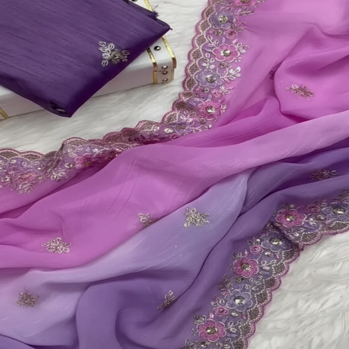 Radiant Purple Crunchy Ombre Saree Adorned with Floral Thread Embroidery & Sequins Work - Image 2