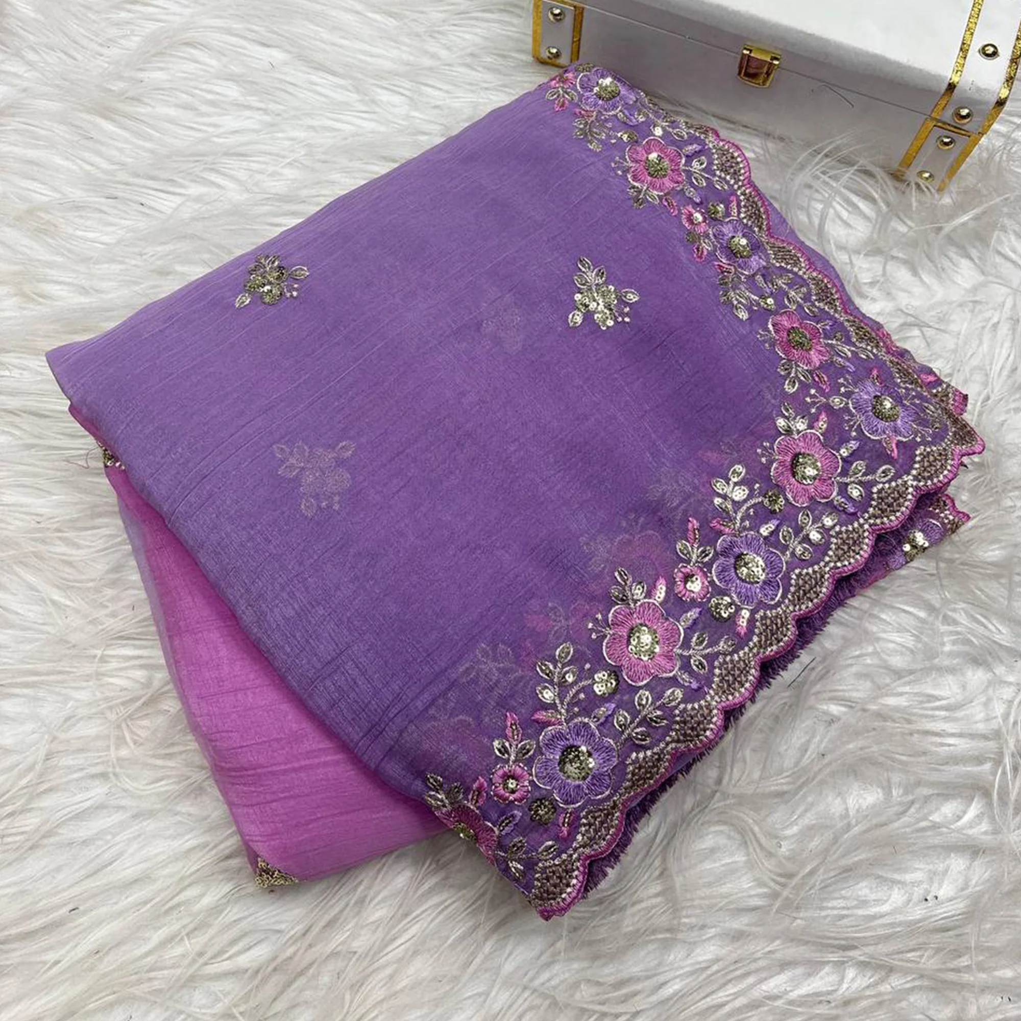 Radiant Purple Crunchy Ombre Saree Adorned with Floral Thread Embroidery & Sequins Work - Image 3