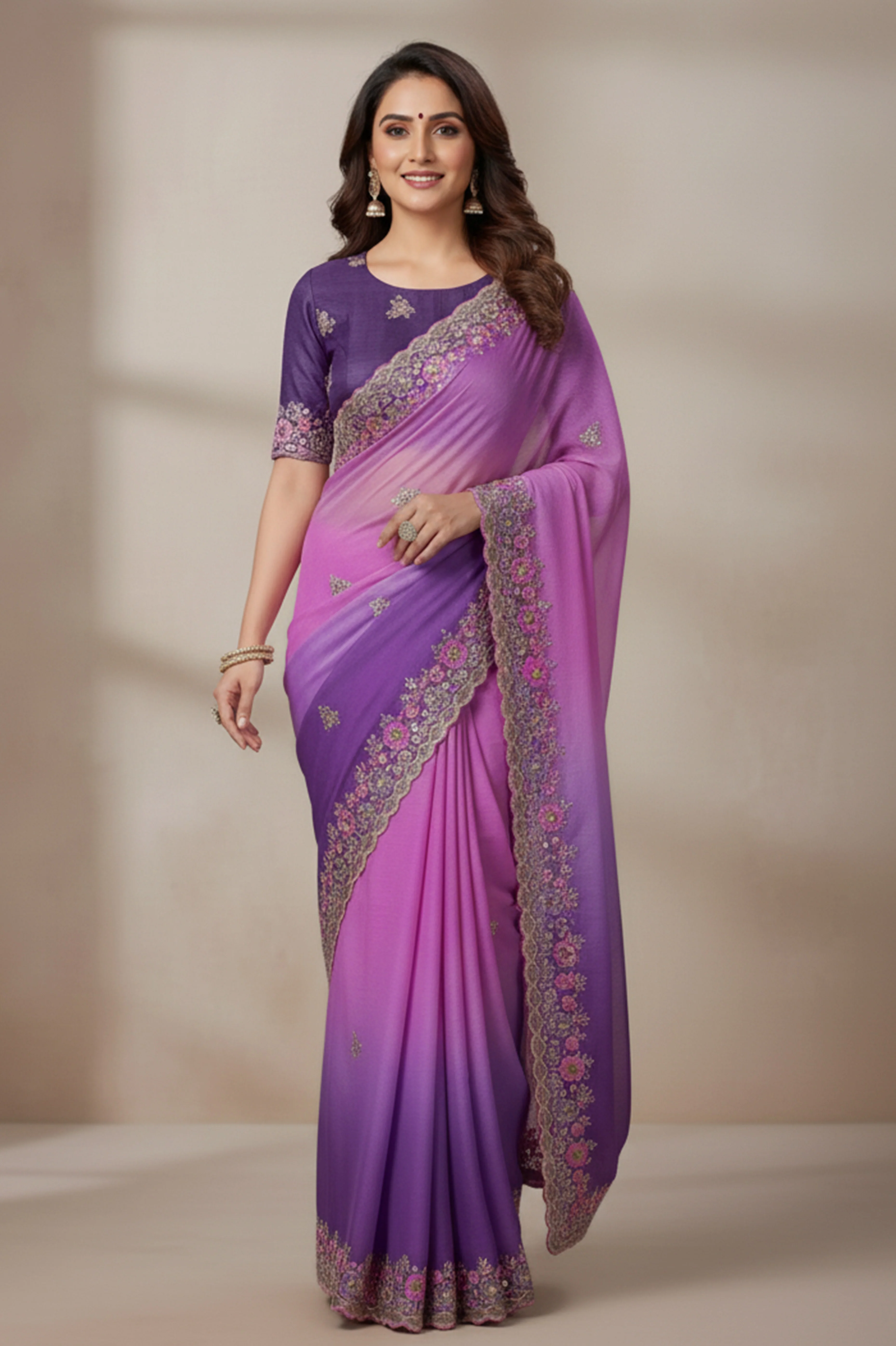 Radiant Purple Crunchy Ombre Saree Adorned with Floral Thread Embroidery & Sequins Work - Image 4