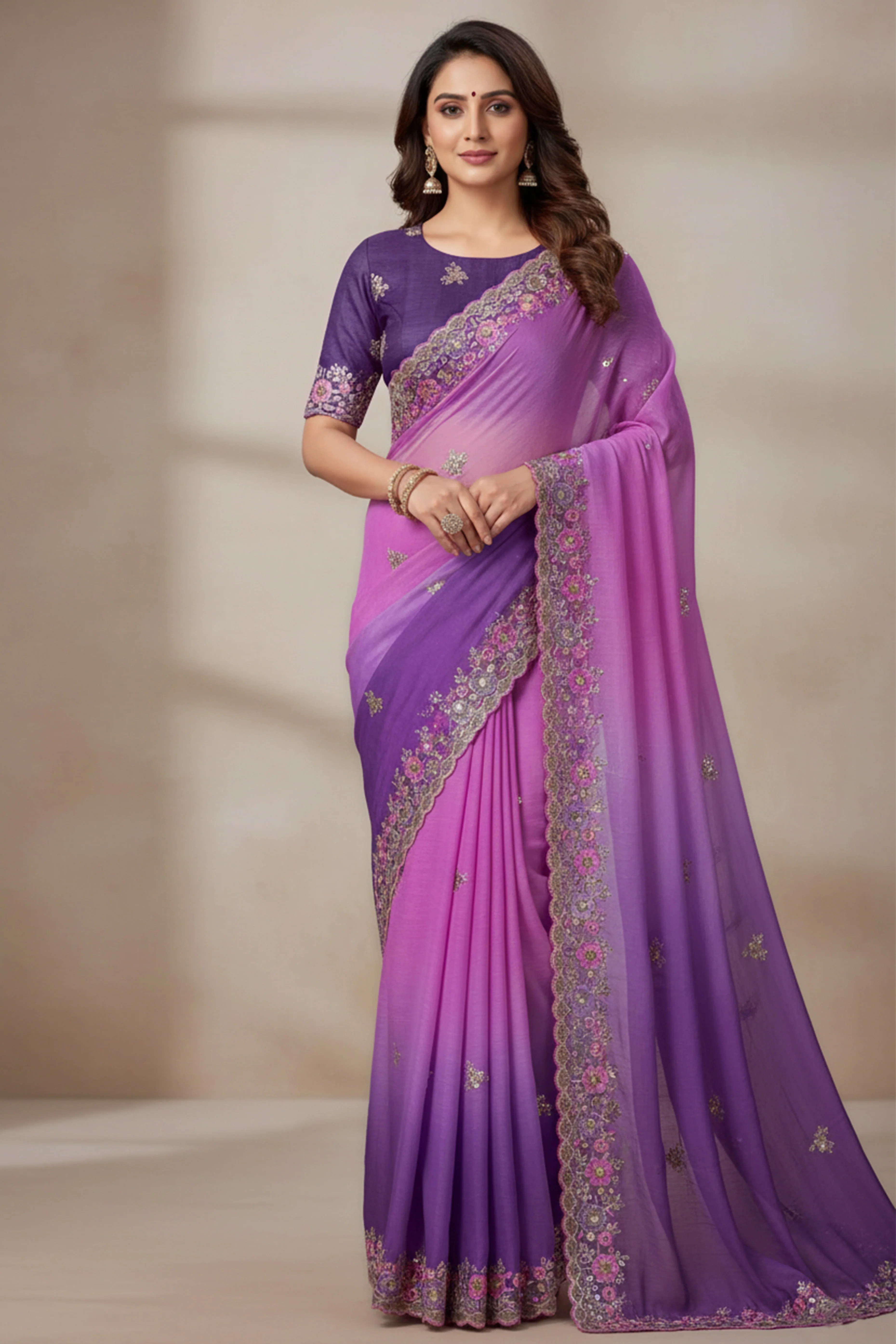 Radiant Purple Crunchy Ombre Saree Adorned with Floral Thread Embroidery & Sequins Work - Image 5
