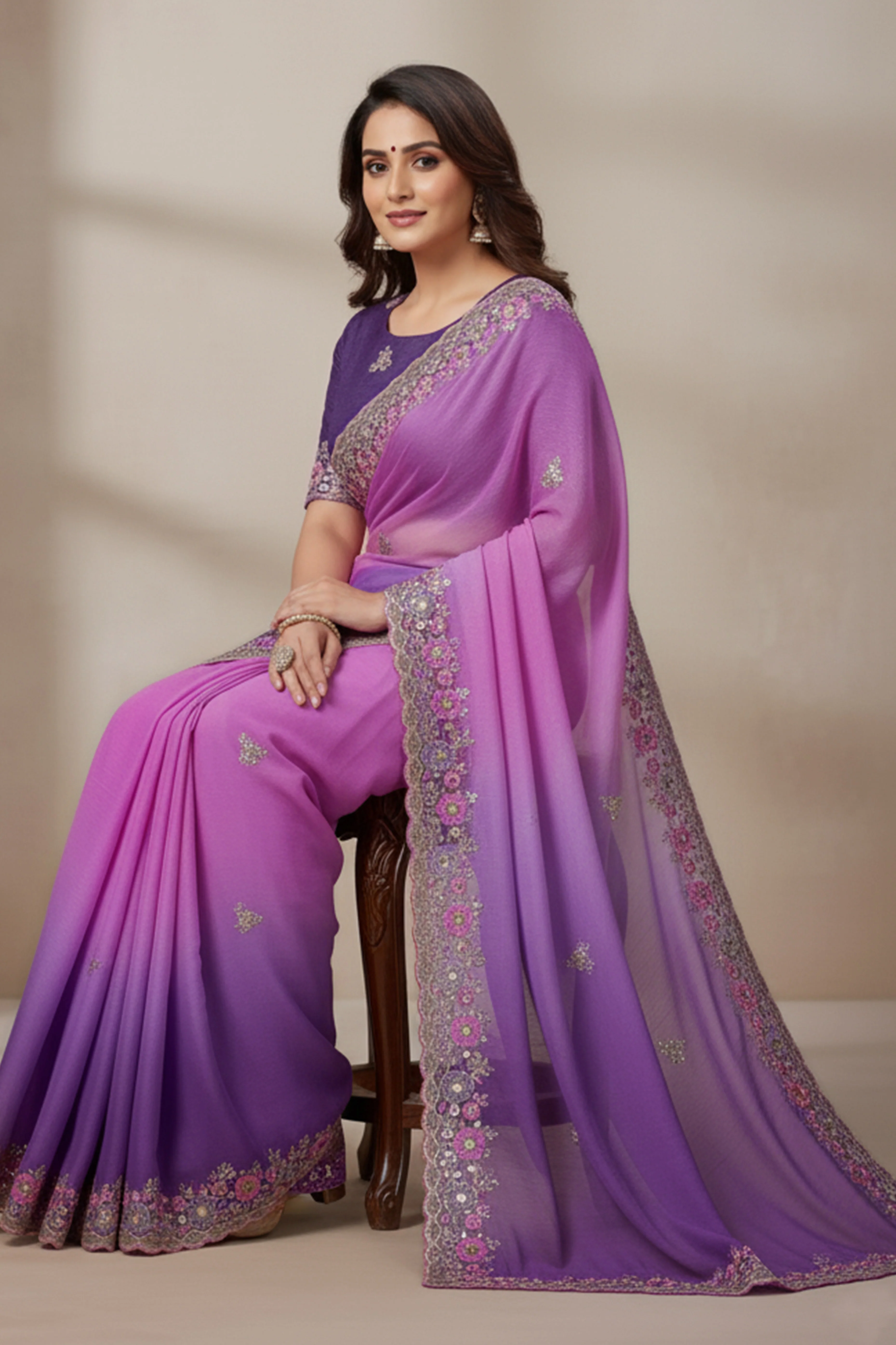 Radiant Purple Crunchy Ombre Saree Adorned with Floral Thread Embroidery & Sequins Work - Image 6