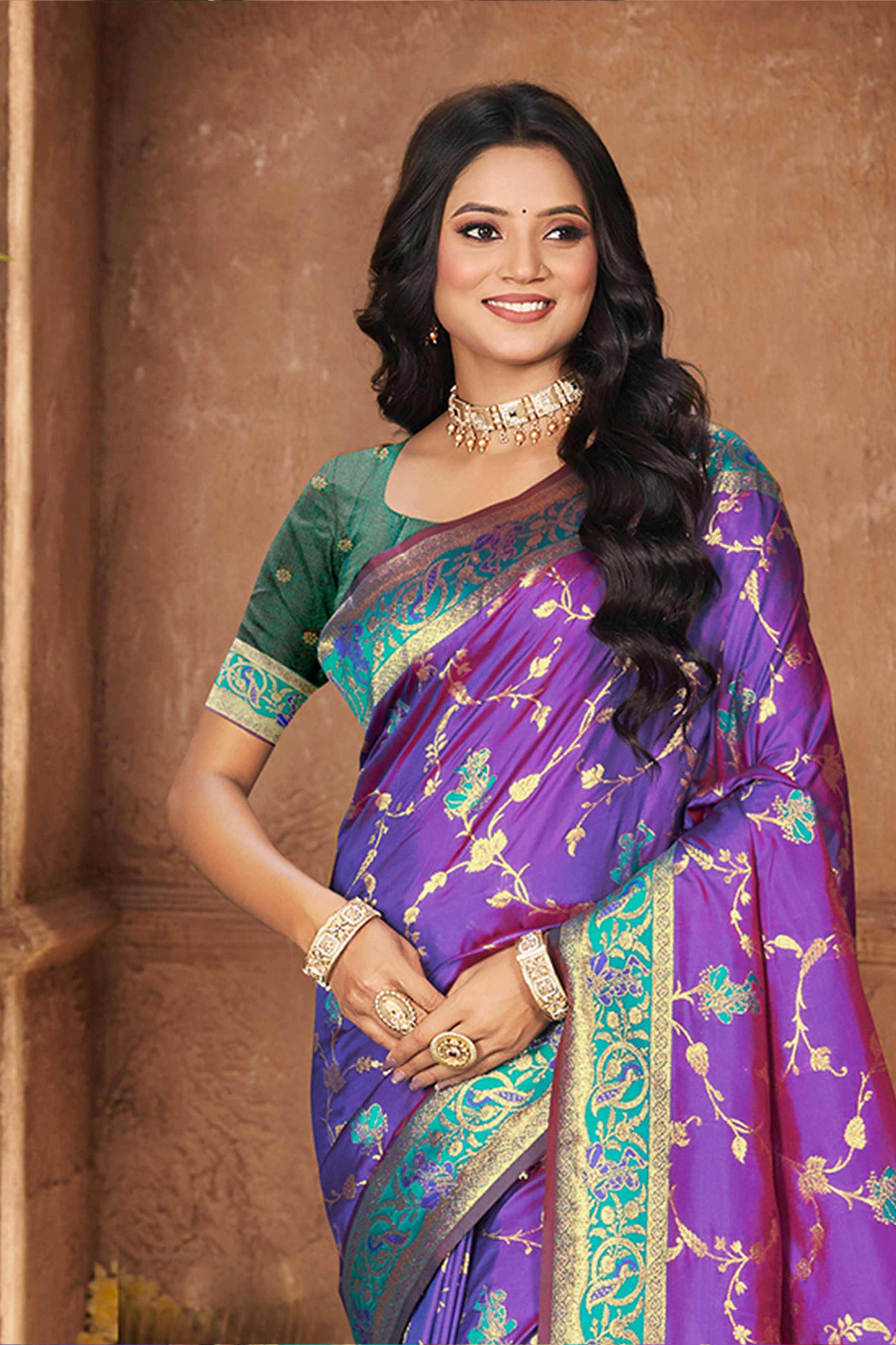 Radiant Purple Floral Zari Weaving Silk Blend Saree With Tassel Pallu - Image 3