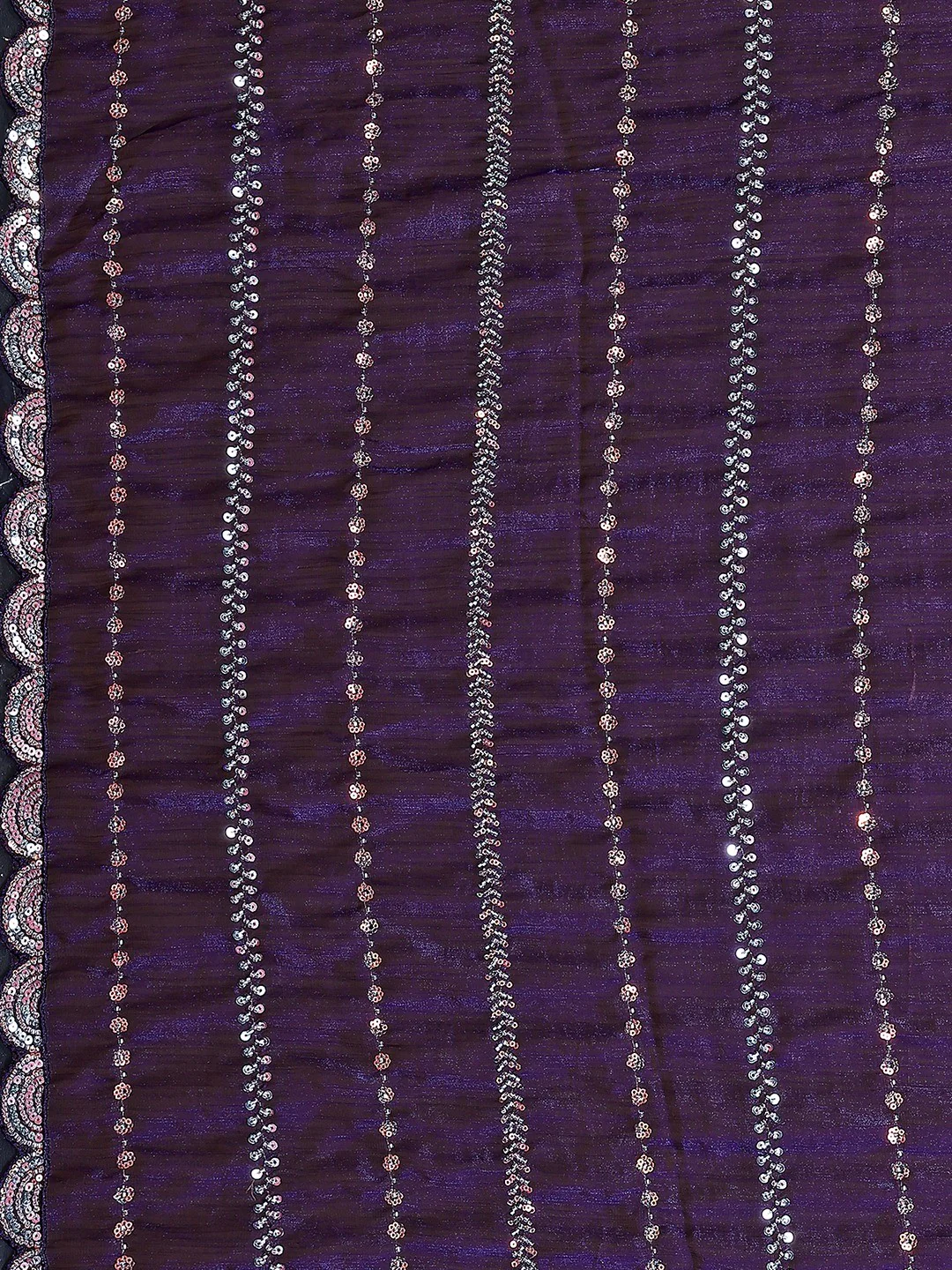 Radiant Purple Striped Pattern Satin Silk Saree Featuring Intricate Sequins & Beads Embellishment - Image 2