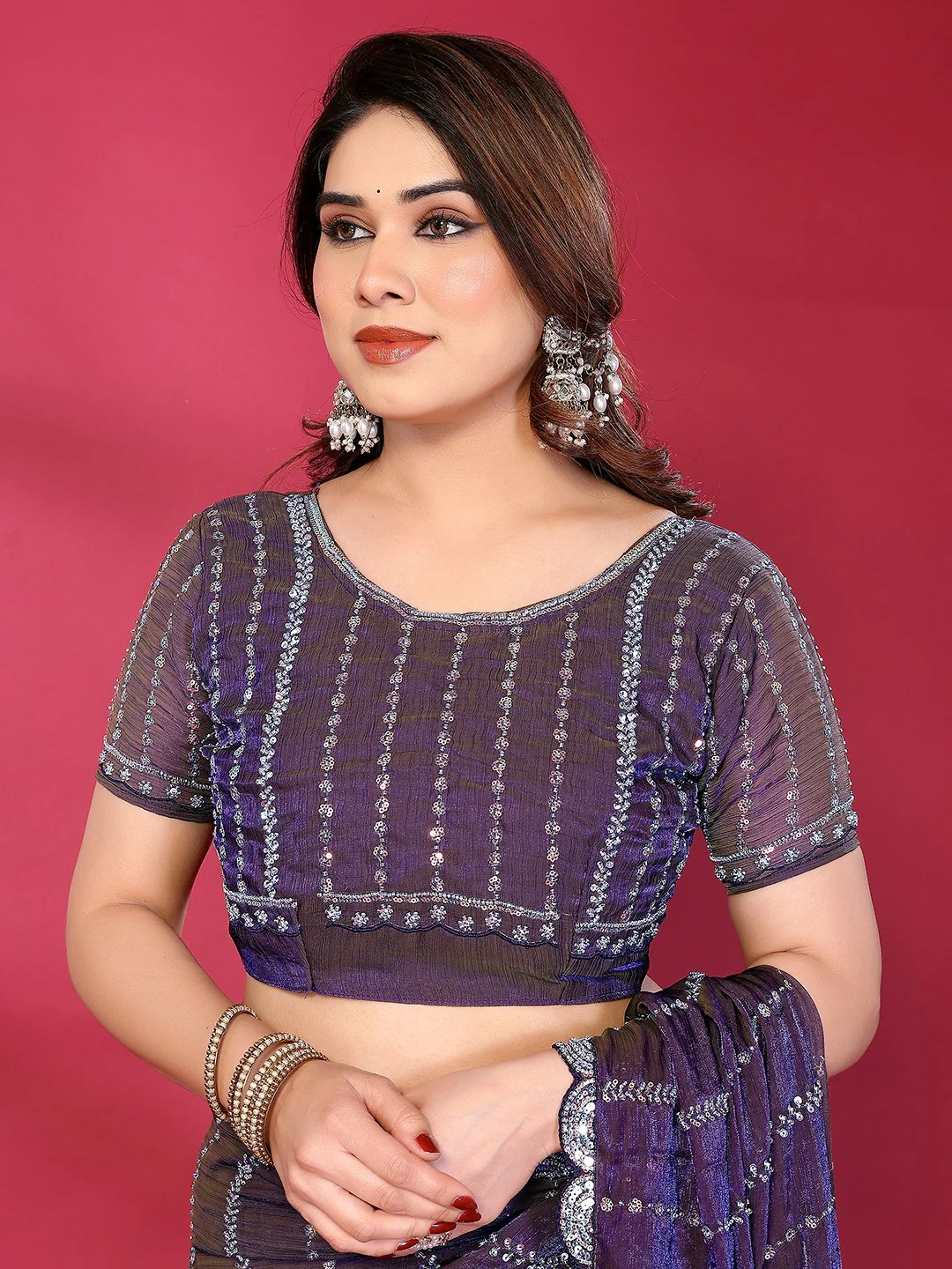 Radiant Purple Striped Pattern Satin Silk Saree Featuring Intricate Sequins & Beads Embellishment - Image 3