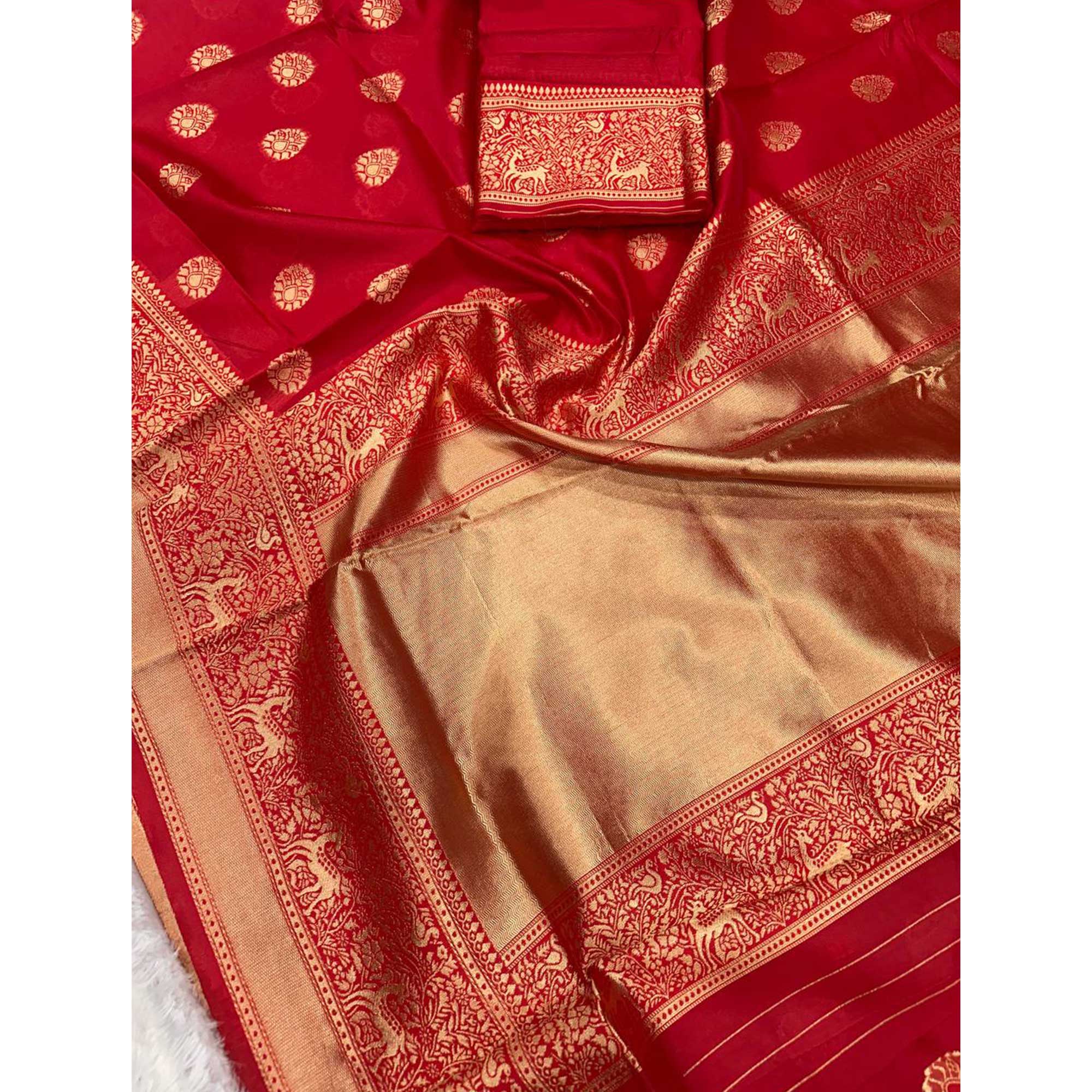 Radiant Red Banarasi Silk Saree With Intricate Zari Butti Weaving - Image 5