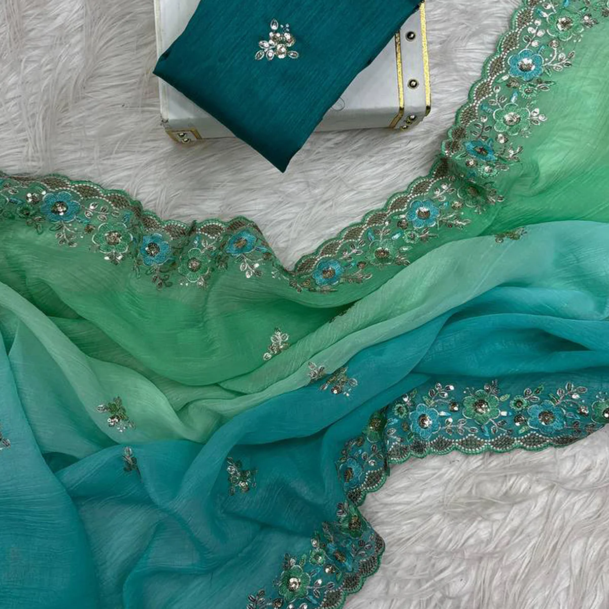 Radiant Teal Green Crunchy Ombre Saree Adorned with Floral Thread Embroidery & Sequins Work - Image 2