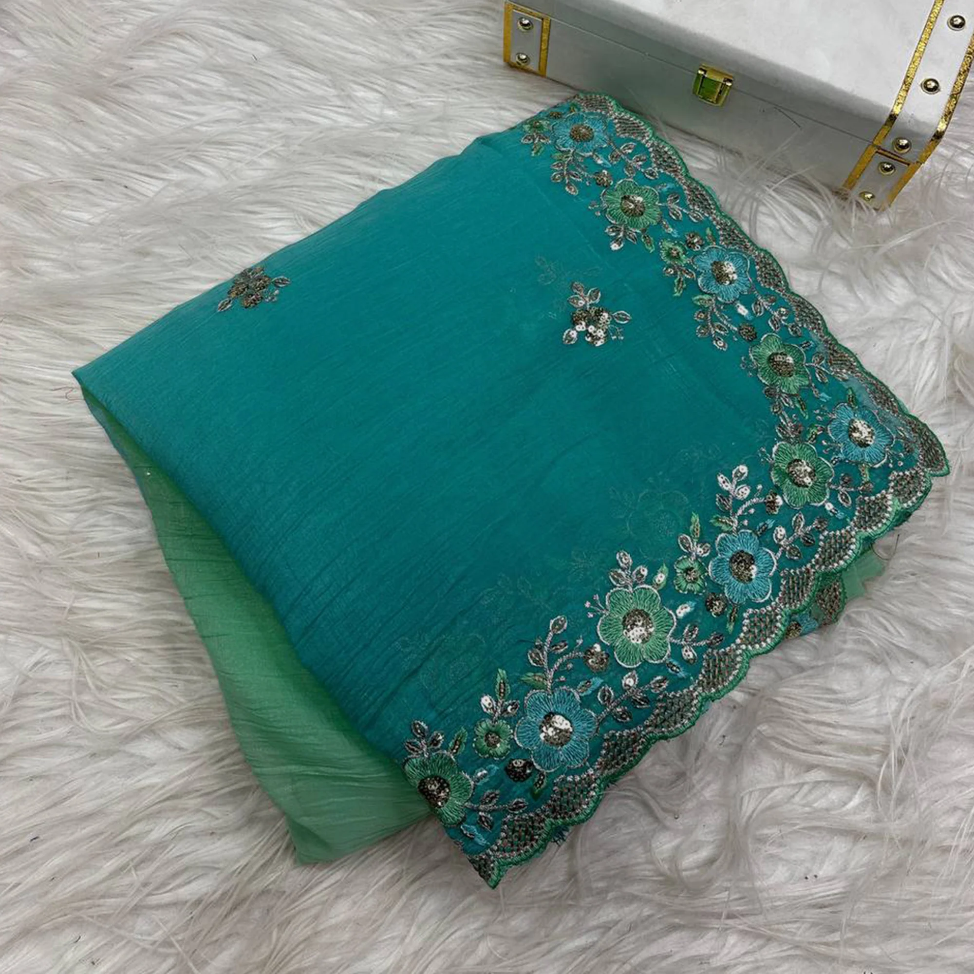 Radiant Teal Green Crunchy Ombre Saree Adorned with Floral Thread Embroidery & Sequins Work - Image 3