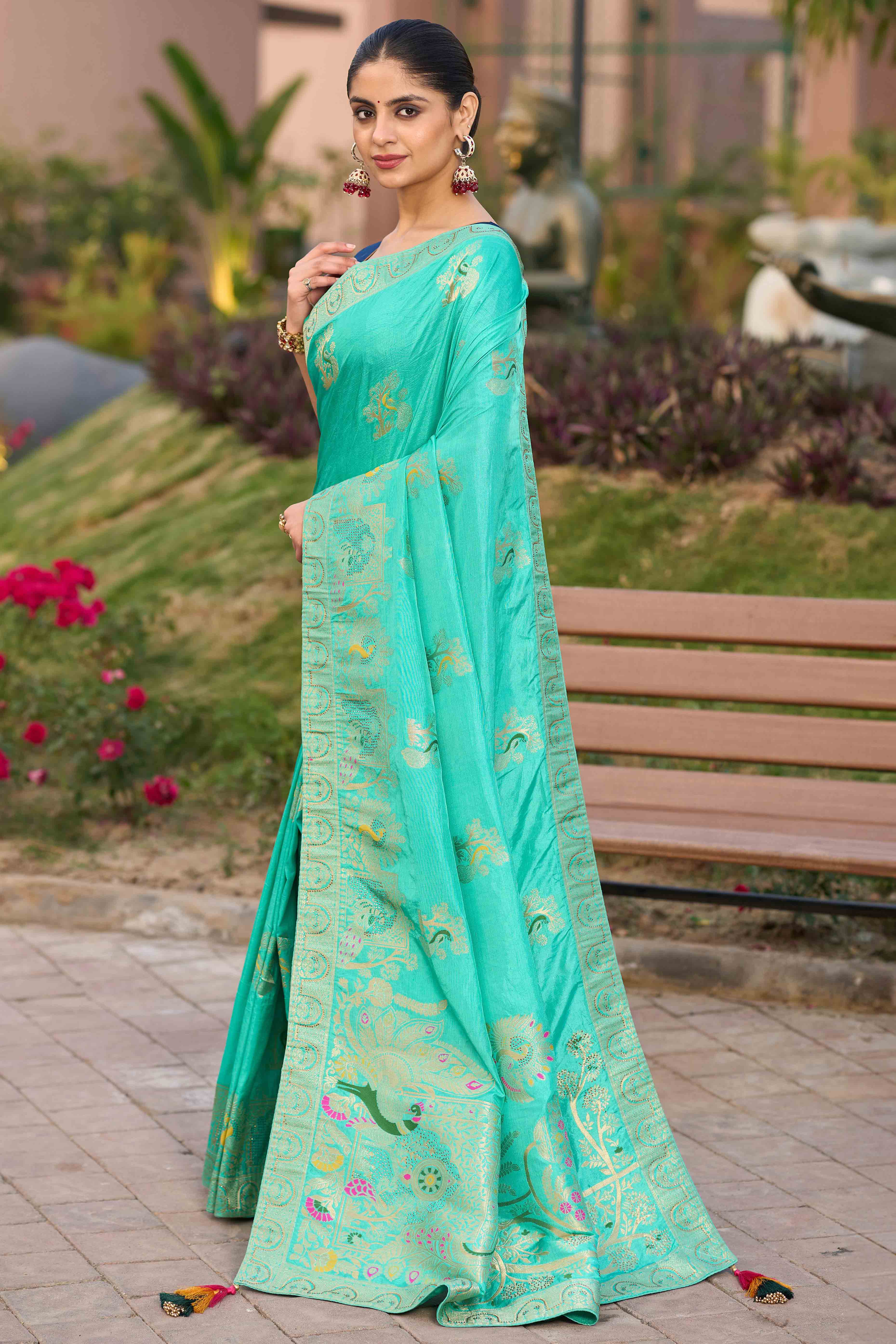 Radiant Turquoise Dola Silk Saree With Intricate Zari Weaving & Swarovski Accents - Image 3